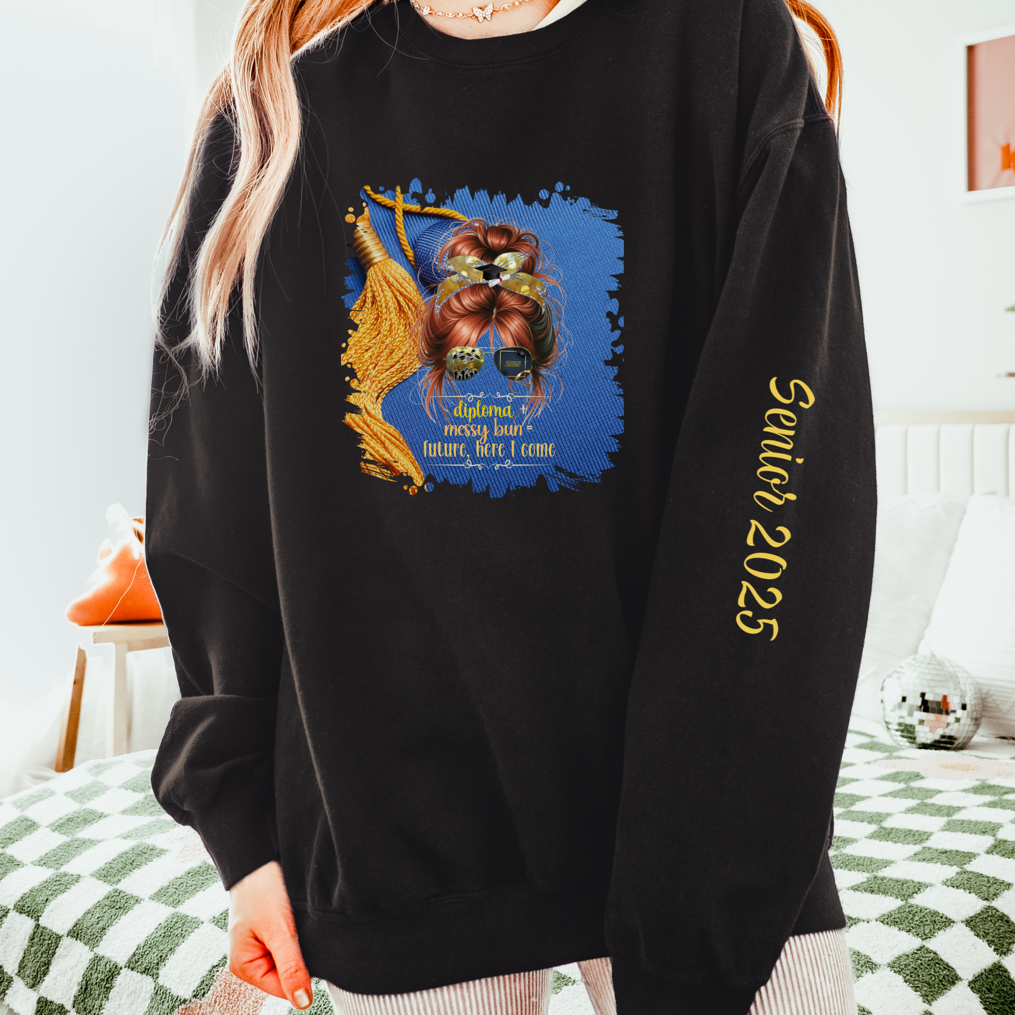 Diploma + Messy Bun, Graduation Cap, Red Hair Messy Bun, Unisex Lightweight Crewneck Sweatshirt