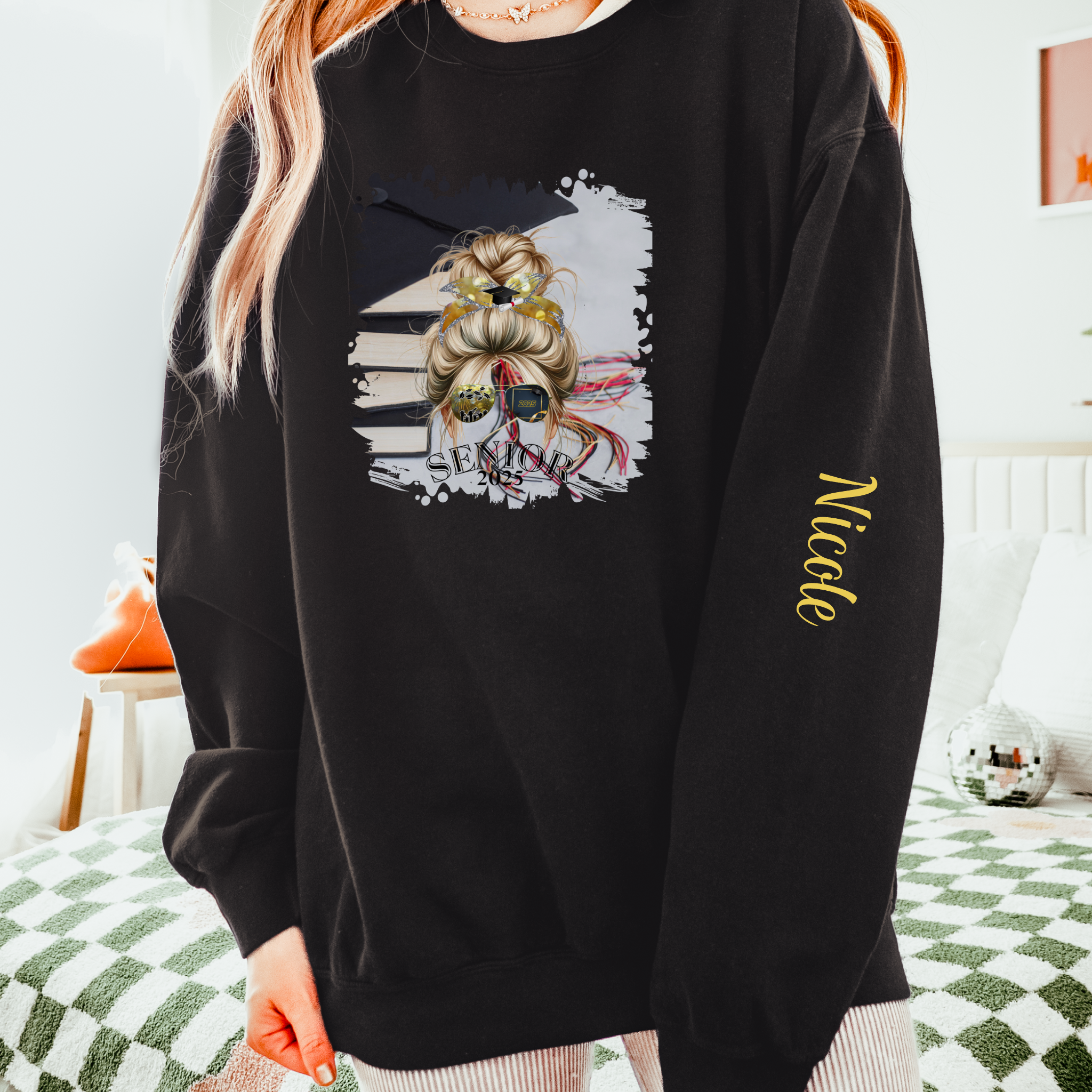 Senior 2025, Cap & Books, Blond Hair Messy Bun, Unisex Lightweight Crewneck Sweatshirt