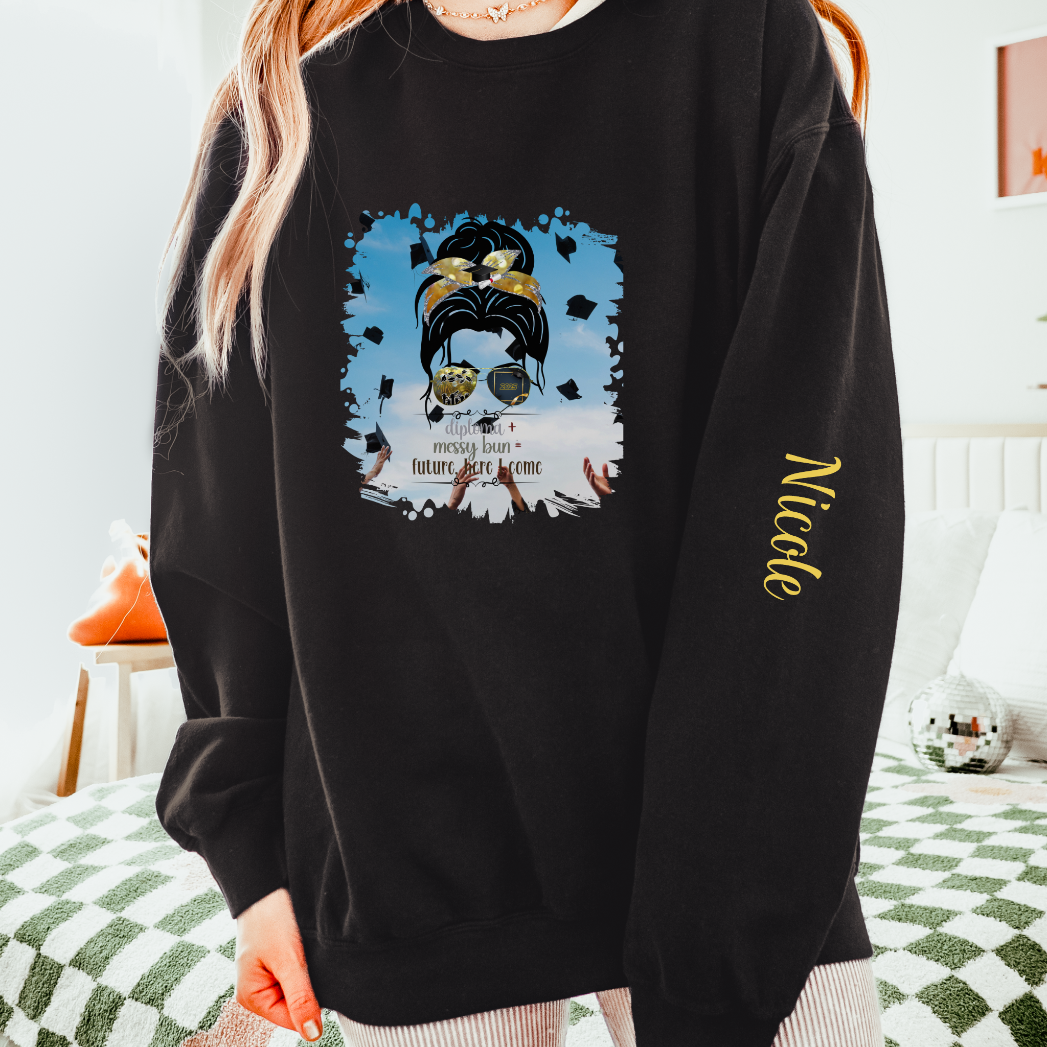 Diploma + Messy Bun, Celebration, Dark Hair Messy Bun, Unisex Lightweight Crewneck Sweatshirt