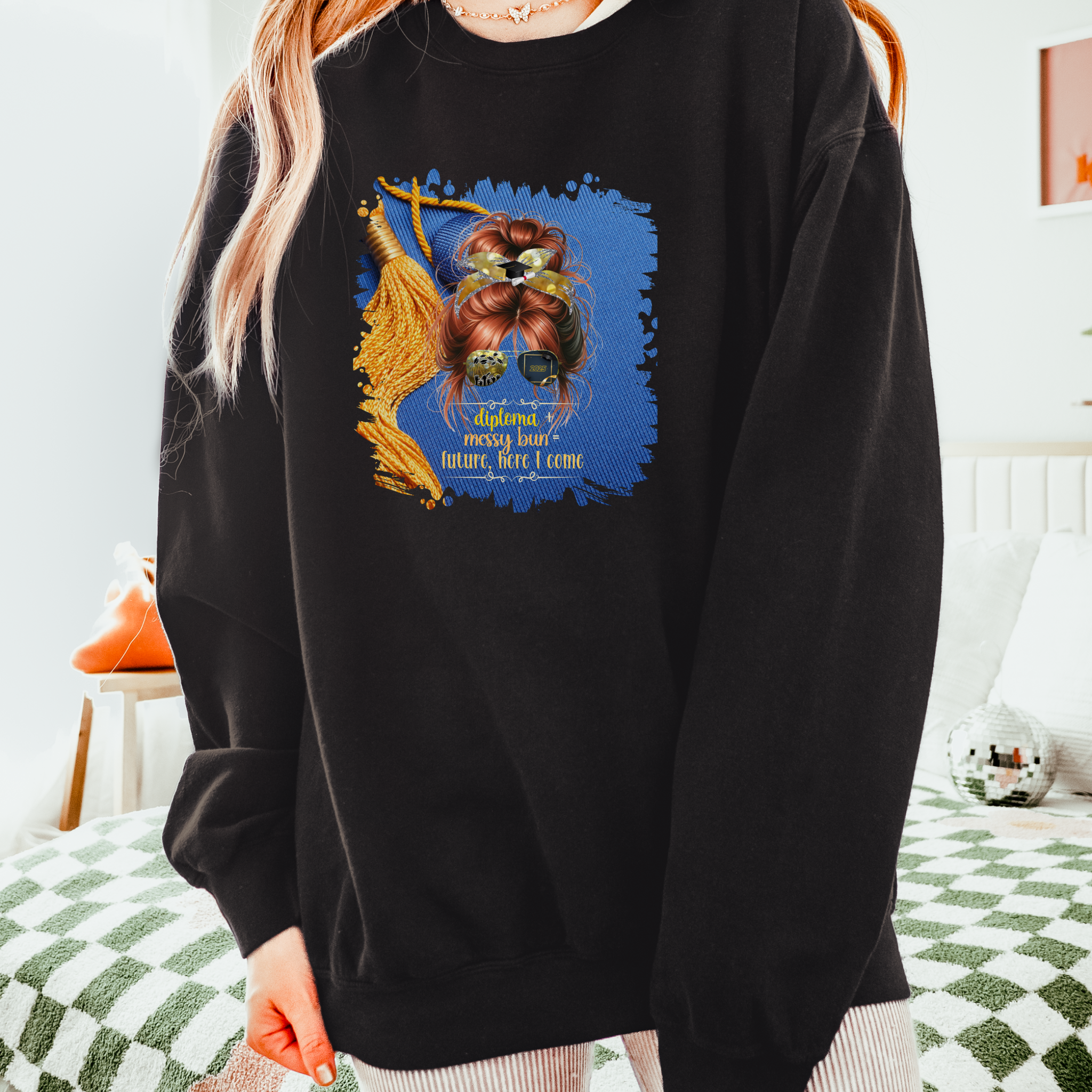 Diploma + Messy Bun, Graduation Cap, Red Hair Messy Bun, Unisex Lightweight Crewneck Sweatshirt