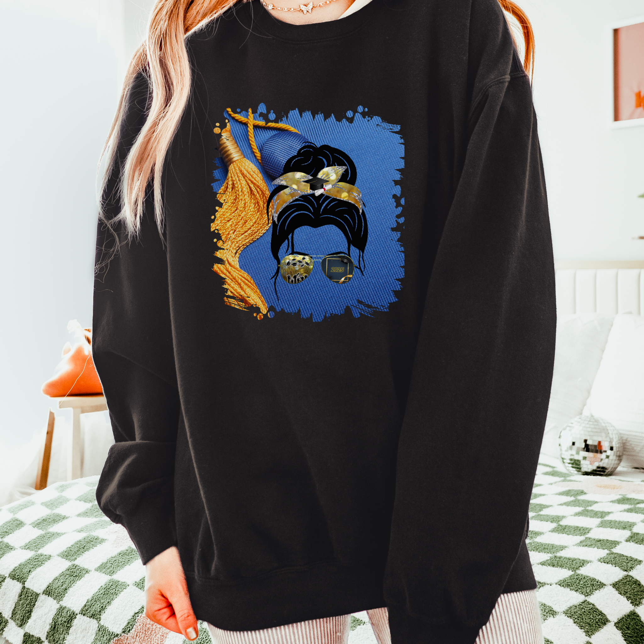 Graduation Cap, Dark Hair Messy Bun, Unisex Lightweight Crewneck Sweatshirt