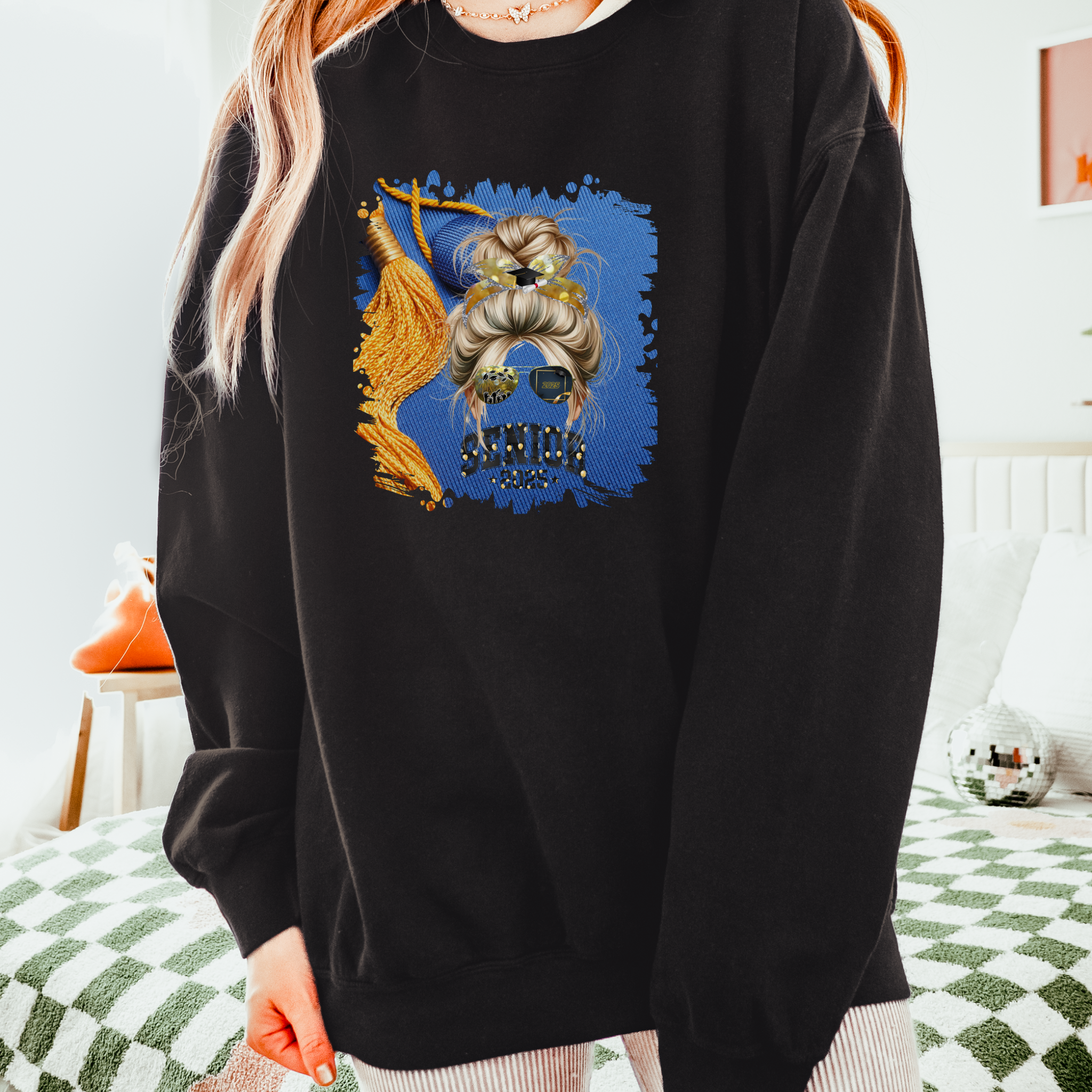 Senior 2025 Balloons, Graduation Cap, Blond Hair Messy Bun, Unisex Lightweight Crewneck Sweatshirt