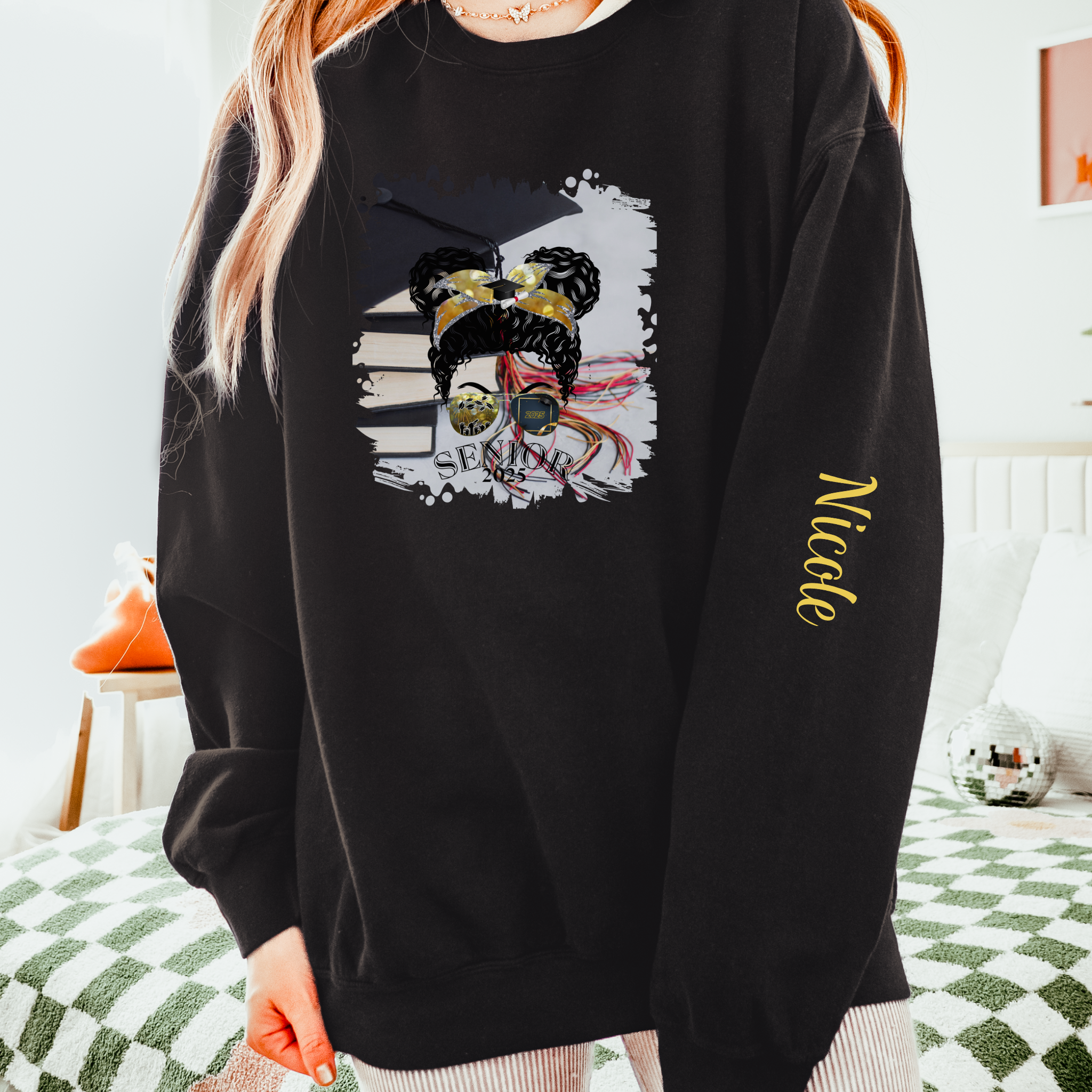 Senior 2025, Cap & Books, Black Hair Messy Bun, Unisex Lightweight Crewneck Sweatshirt