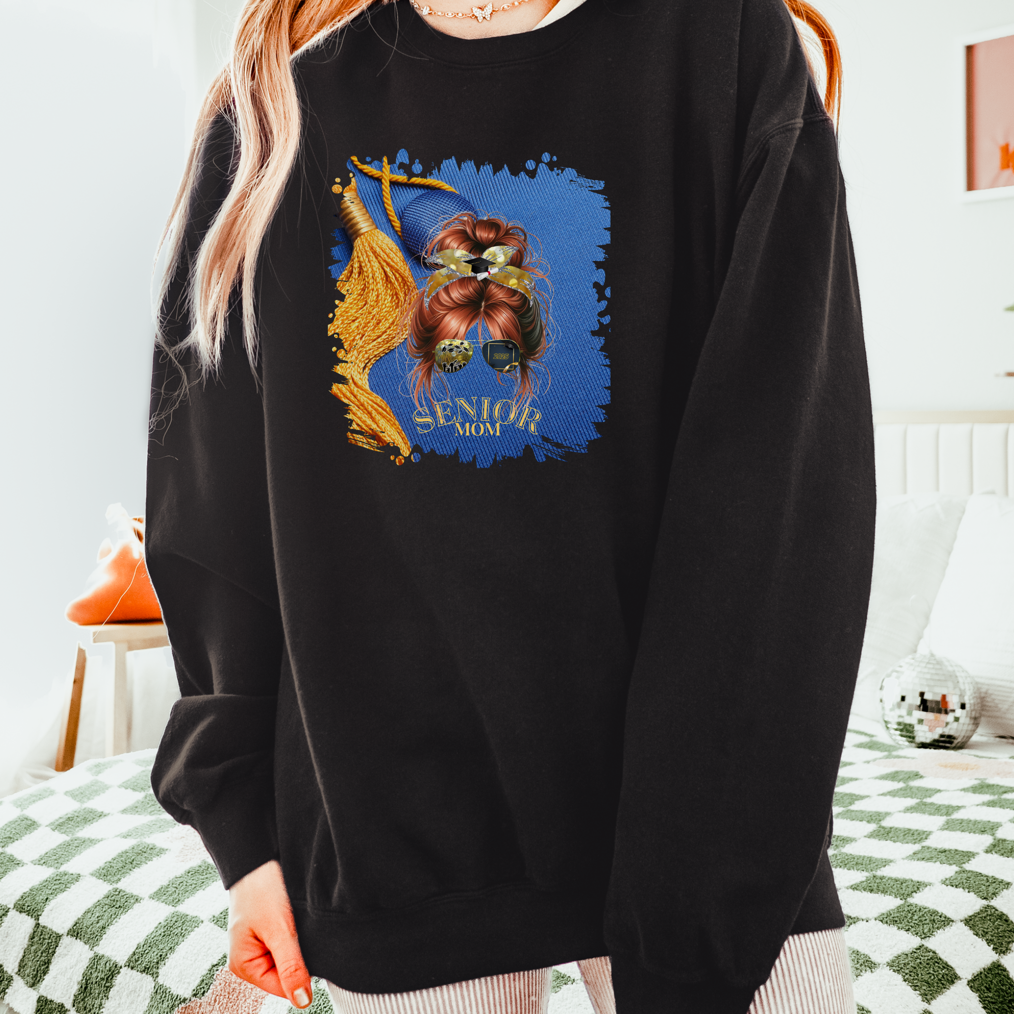 Senior Mom, Graduation Cap, Red Hair Messy Bun, Unisex Lightweight Crewneck Sweatshirt