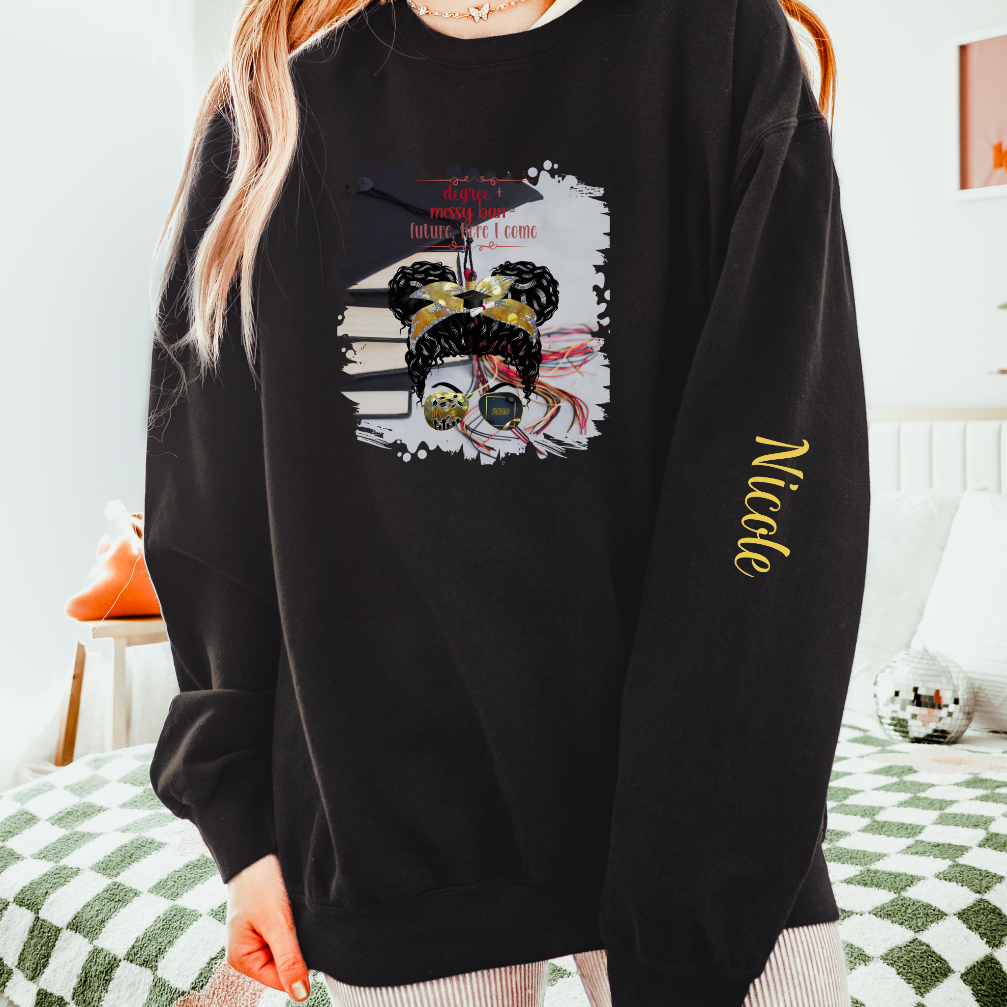 Degree + Messy Bun, Cap & Books, Black Hair Messy Bun, Unisex Lightweight Crewneck Sweatshirt