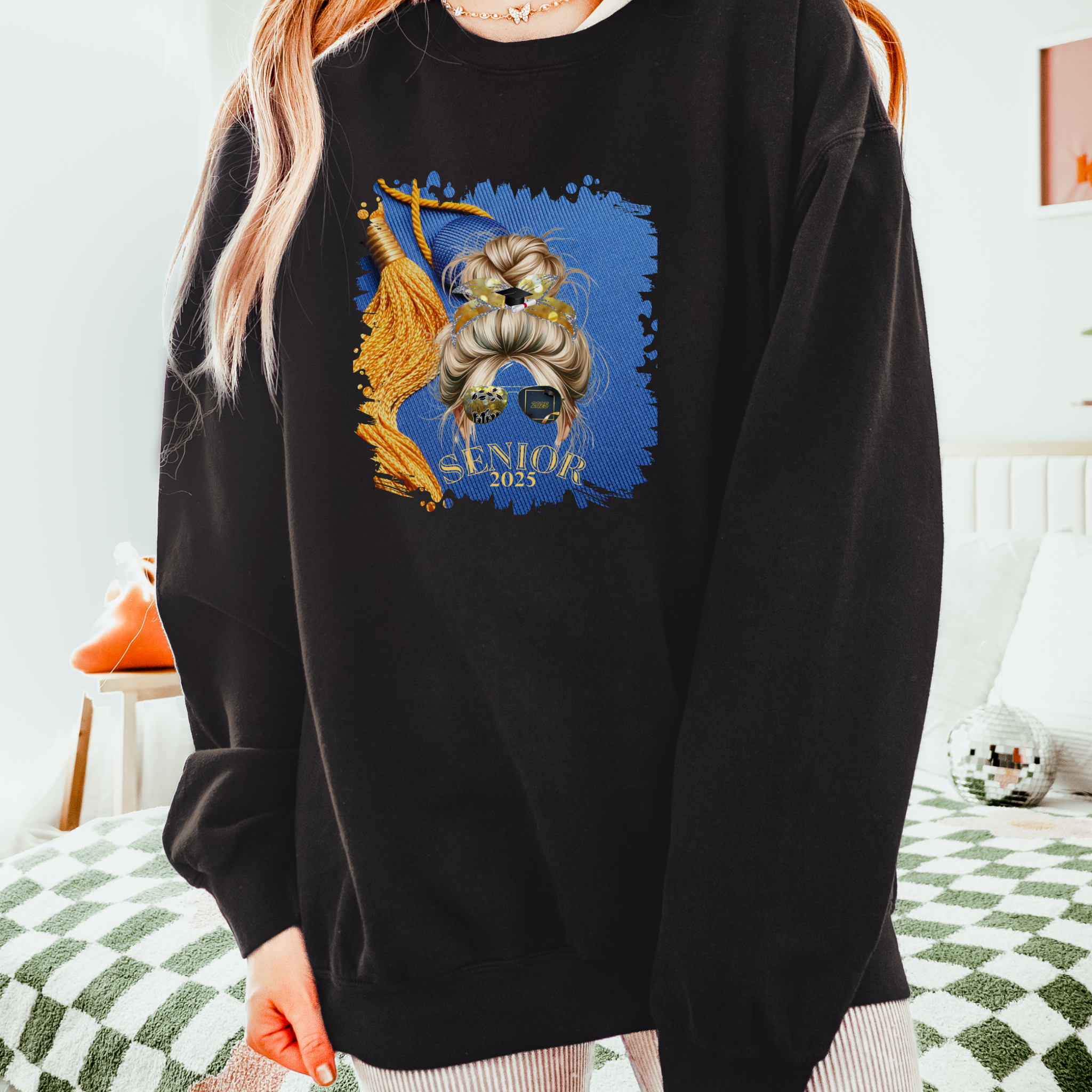 Senior 2025, Graduation Cap, Blond Hair Messy Bun, Unisex Lightweight Crewneck Sweatshirt