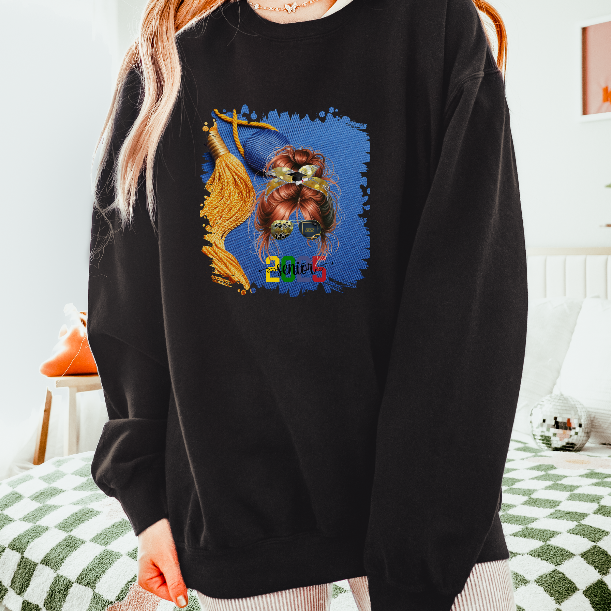 Senior 2025 Colorful, Graduation Cap, Red Hair Messy Bun, Unisex Lightweight Crewneck Sweatshirt