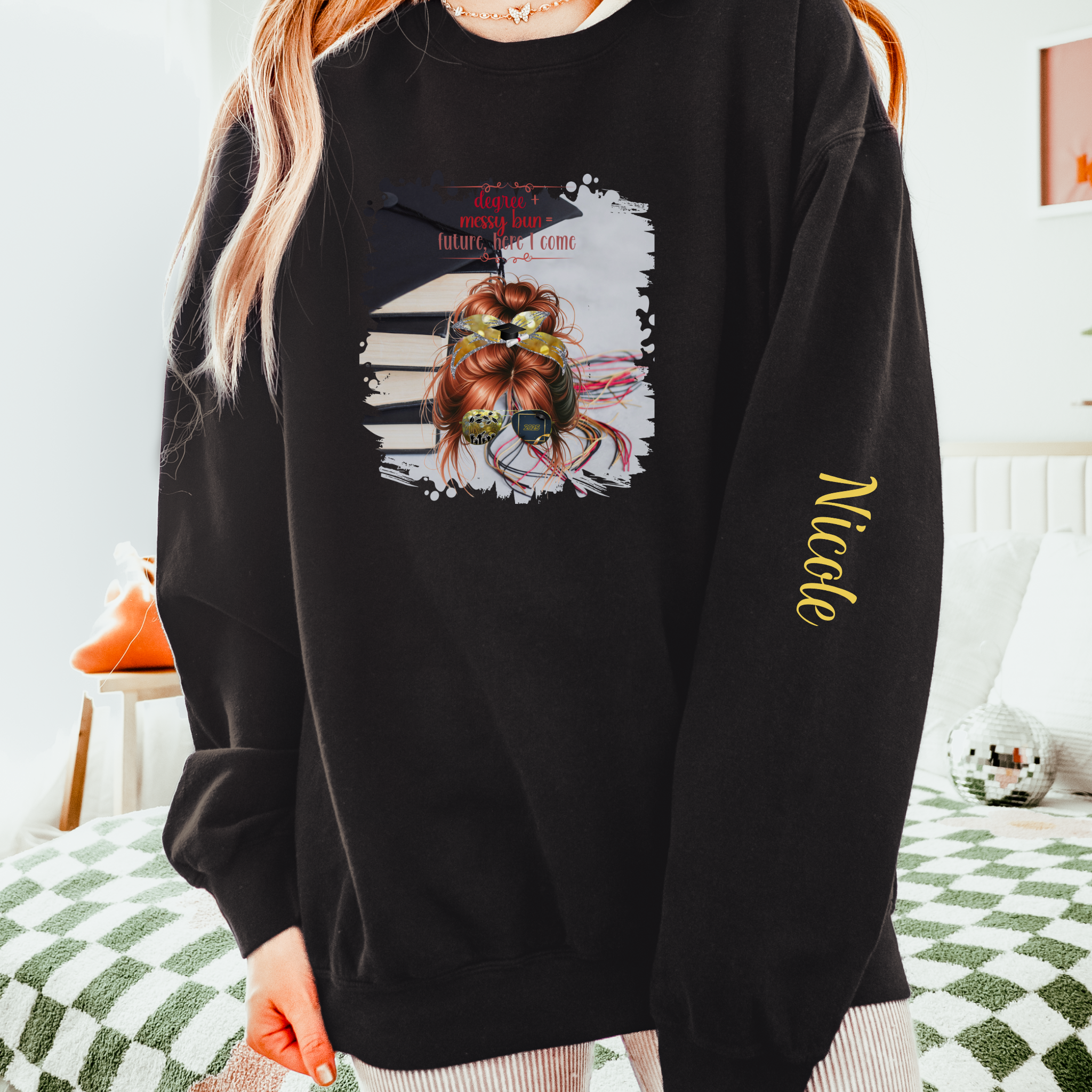 Degree + Messy Bun, Cap & Books, Red Hair Messy Bun, Unisex Lightweight Crewneck Sweatshirt