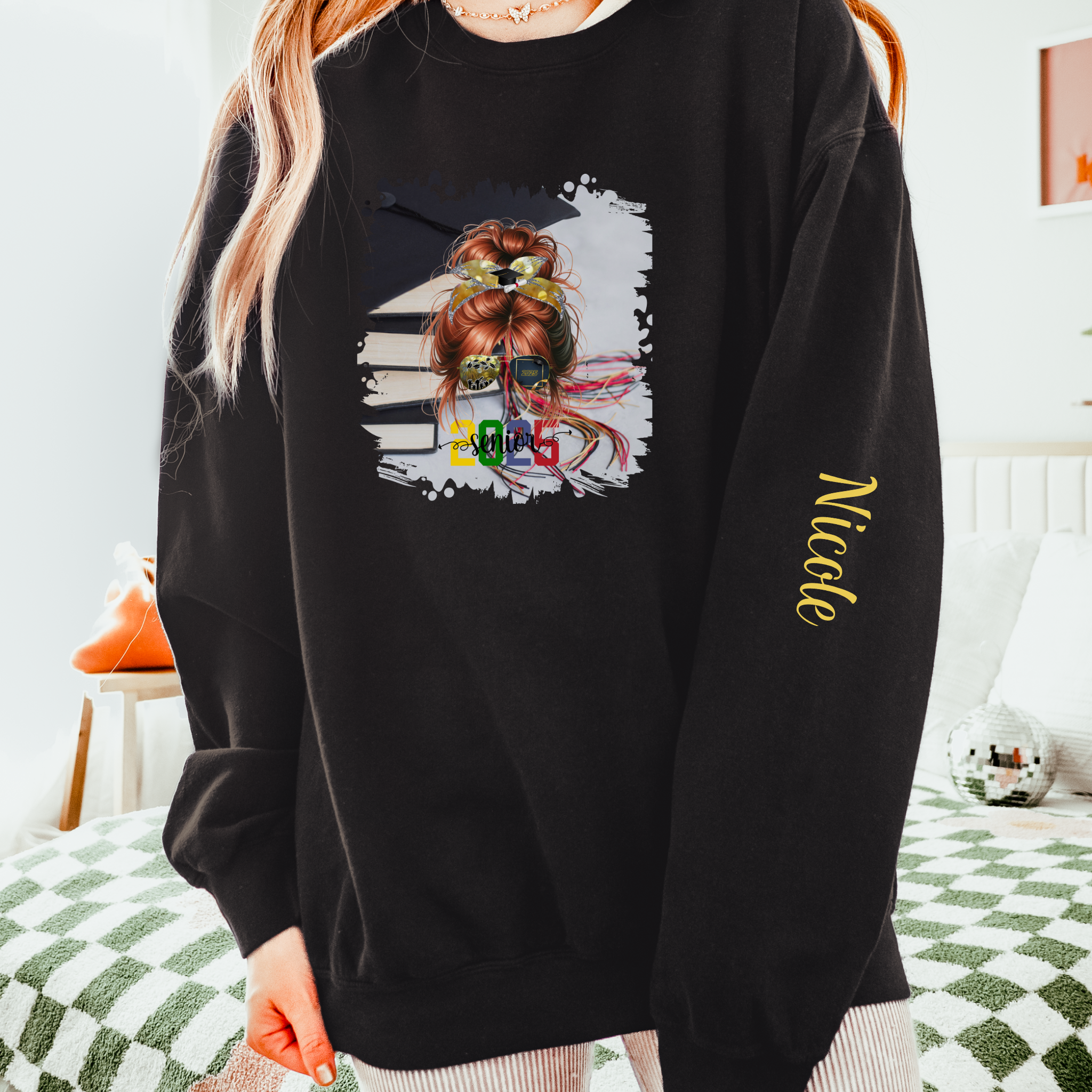 Senior 2025 Colorful, Cap & Books, Red Hair Messy Bun, Unisex Lightweight Crewneck Sweatshirt