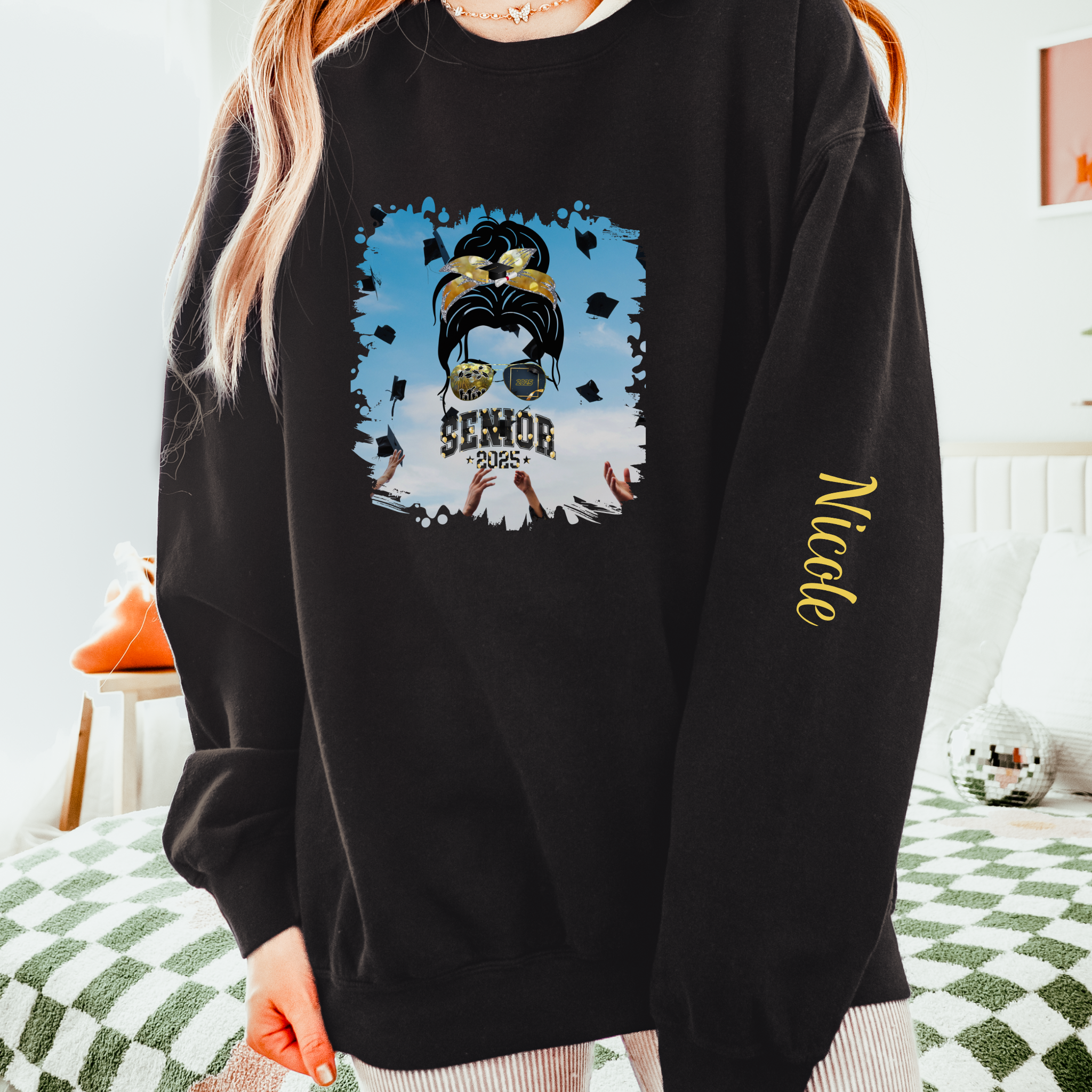 Senior 2025 Balloons, Celebration, Dark Hair Messy Bun, Unisex Lightweight Crewneck Sweatshirt