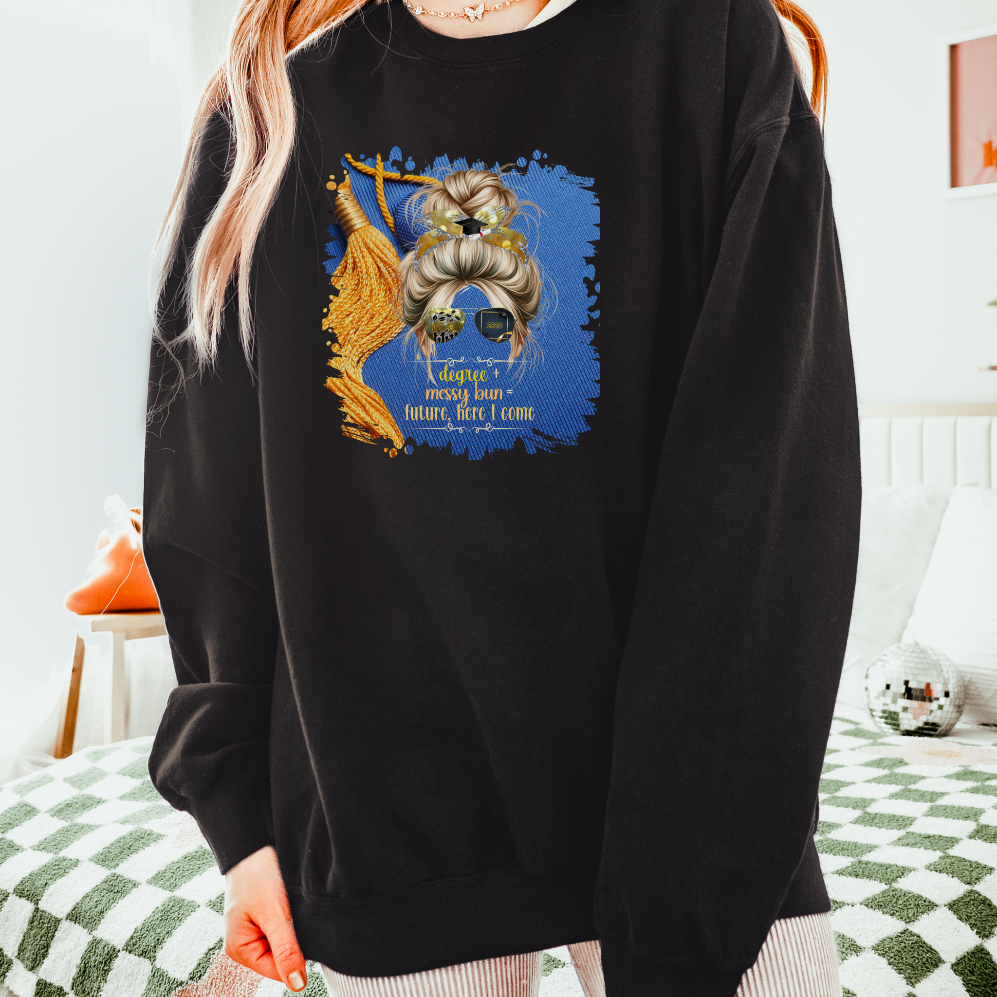 Degree + Messy Bun, Graduation Cap, Blond Hair Messy Bun, Unisex Lightweight Crewneck Sweatshirt