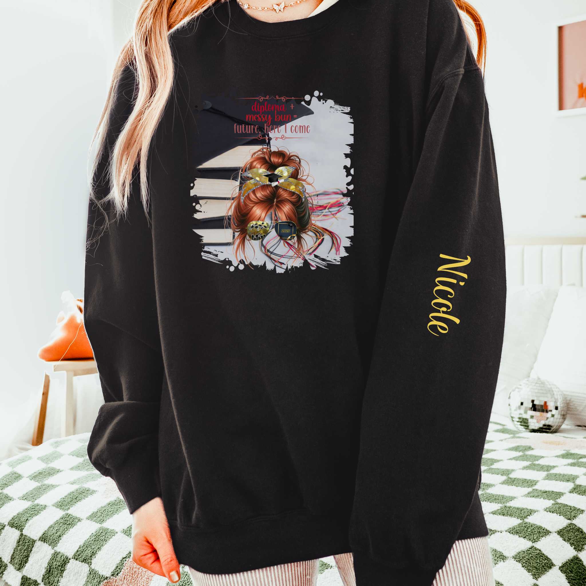 Diploma + Messy Bun, Cap & Books, Red Hair Messy Bun, Unisex Lightweight Crewneck Sweatshirt