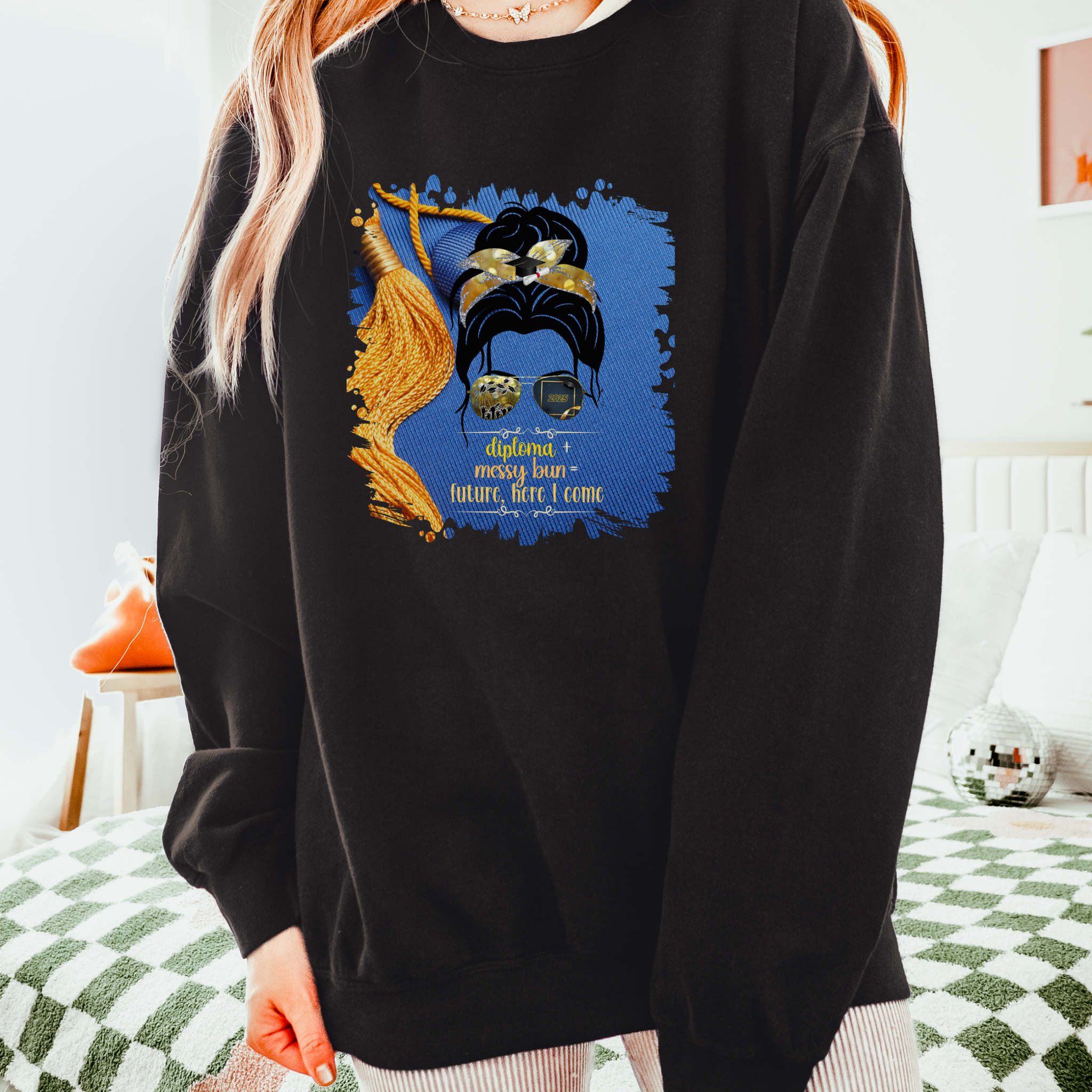 Diploma + Messy Bun, Graduation Cap, Dark Hair Messy Bun, Unisex Lightweight Crewneck Sweatshirt