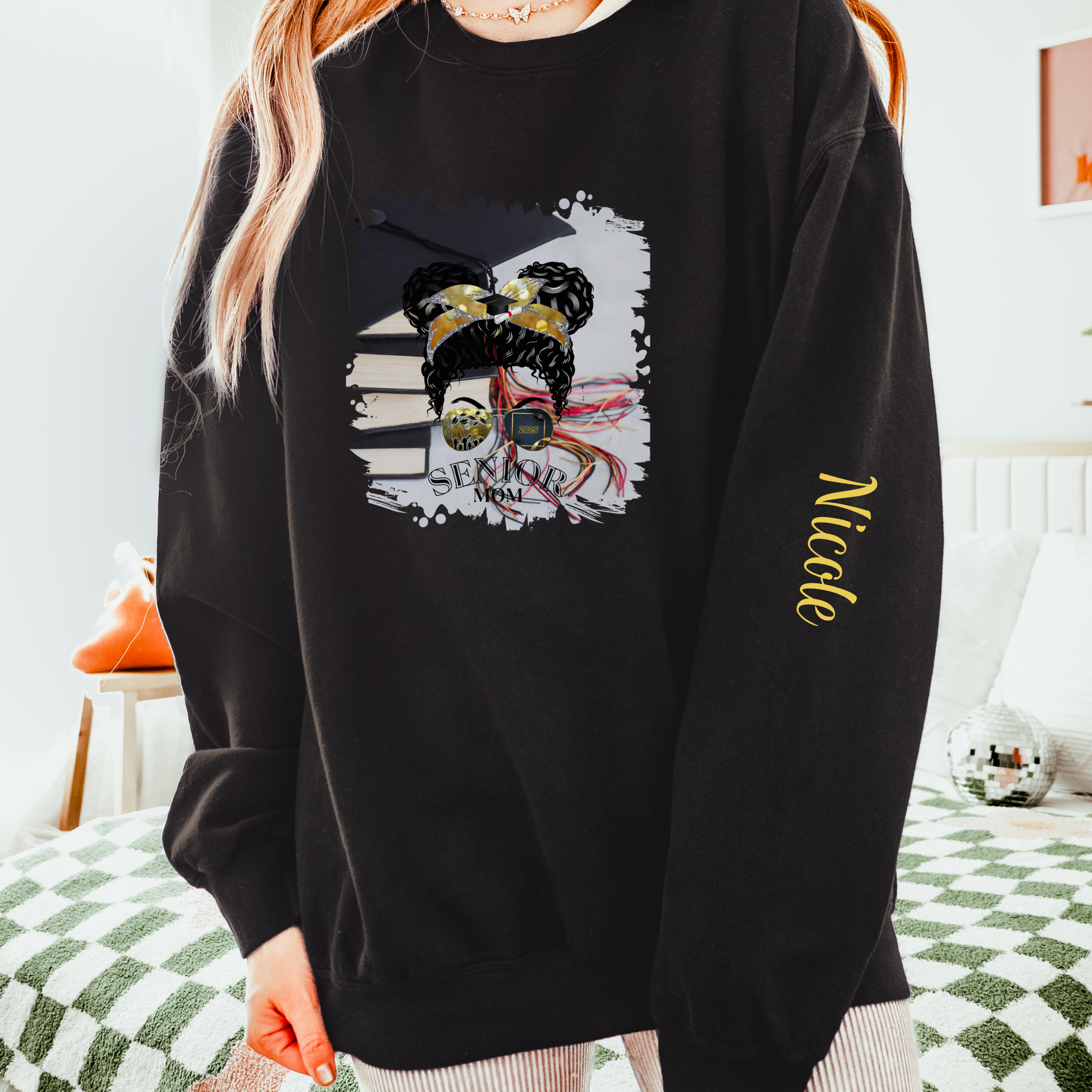 Senior Mom, Cap & Books, Black Hair Messy Bun, Unisex Lightweight Crewneck Sweatshirt