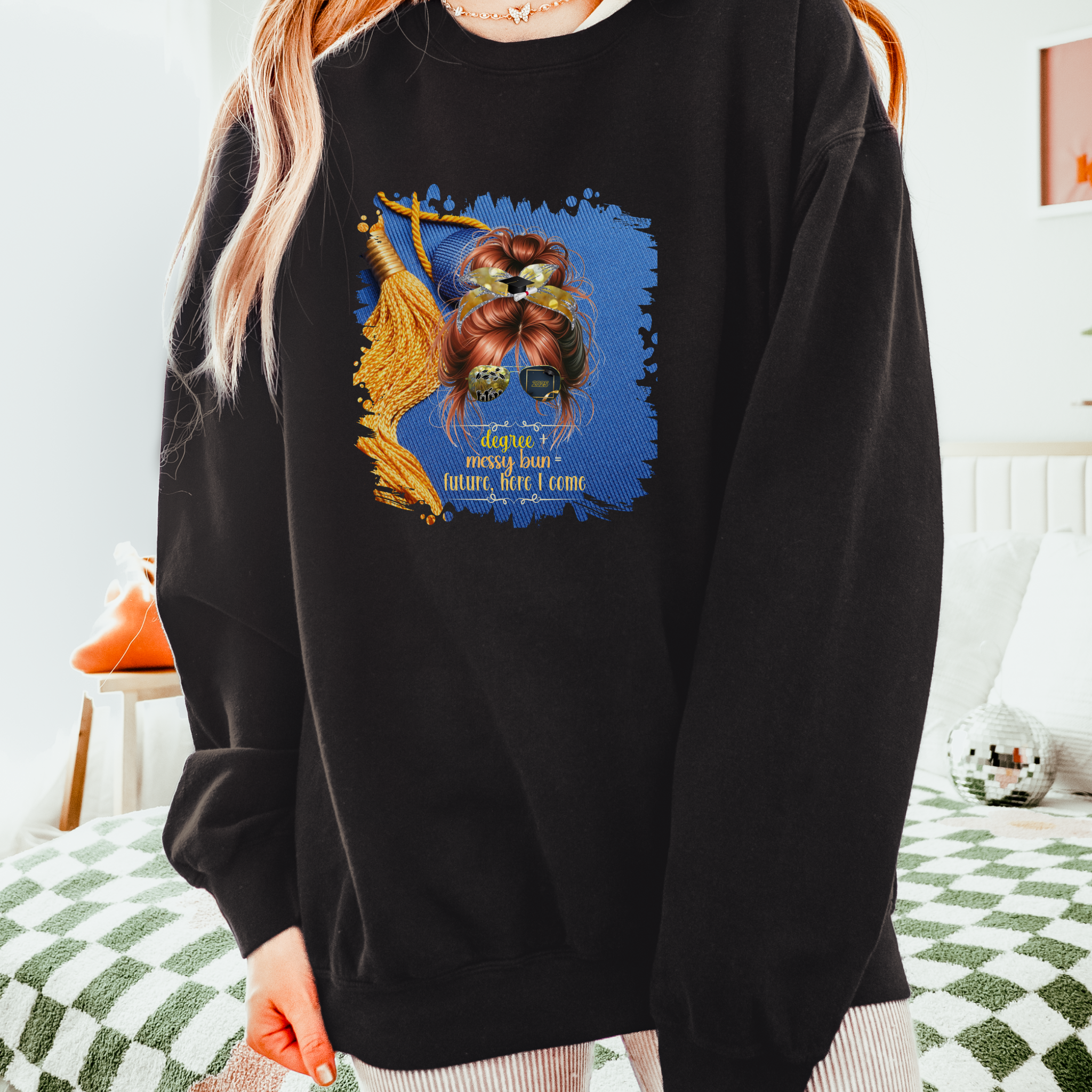 Degree + Messy Bun, Graduation Cap, Red Hair Messy Bun, Unisex Lightweight Crewneck Sweatshirt