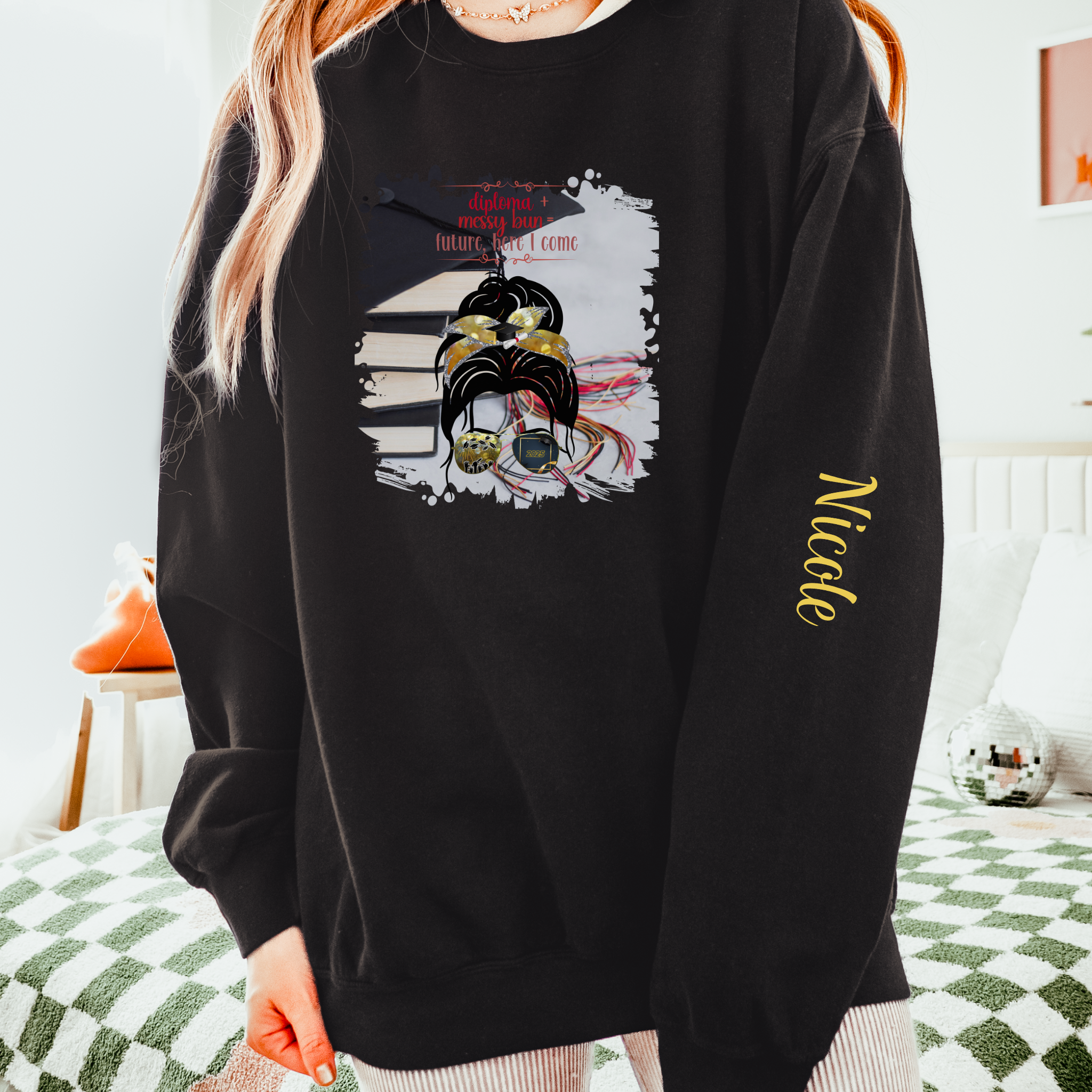 Diploma + Messy Bun, Cap & Books, Dark Hair Messy Bun, Unisex Lightweight Crewneck Sweatshirt