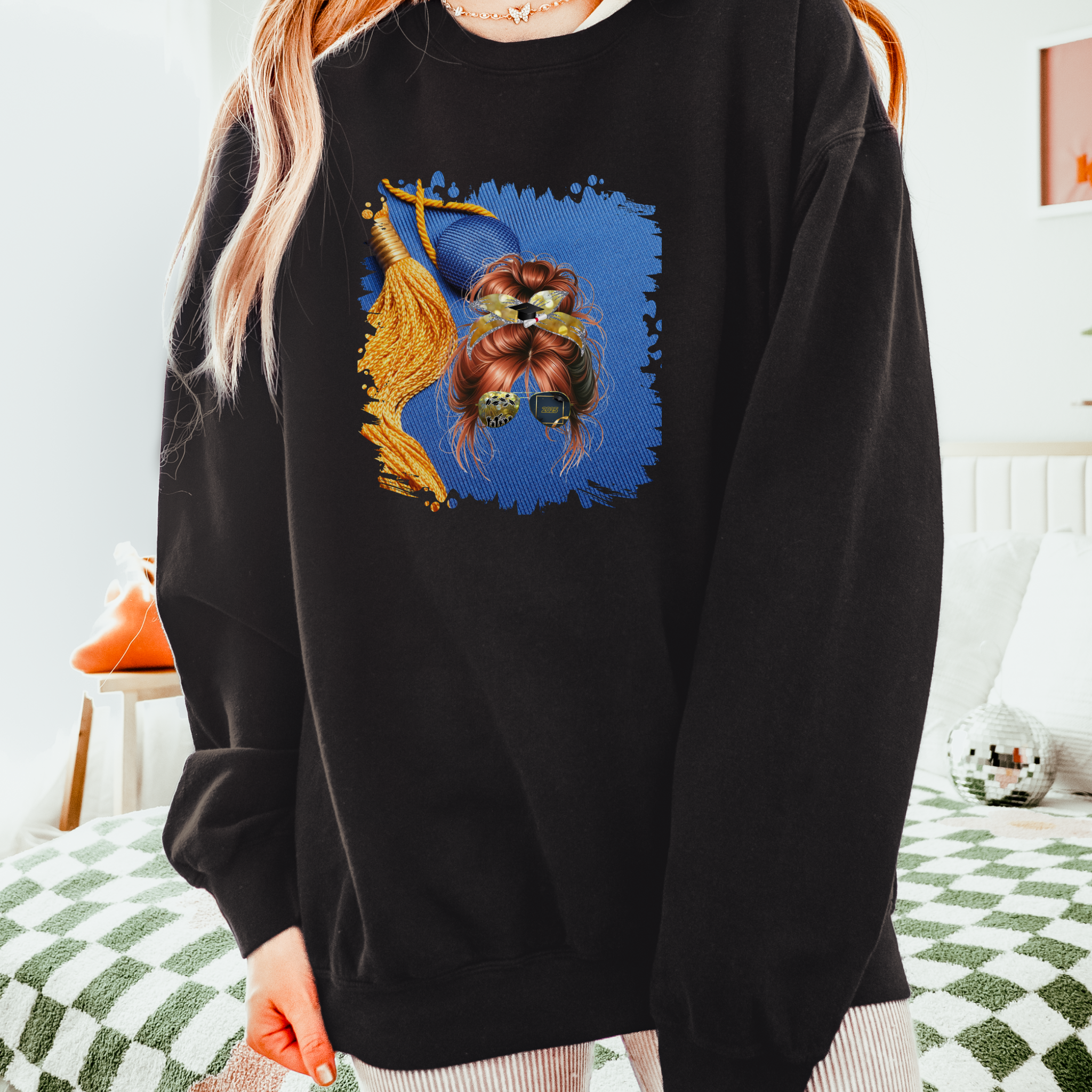 Graduation Cap, Red Hair Messy Bun, Unisex Lightweight Crewneck Sweatshirt