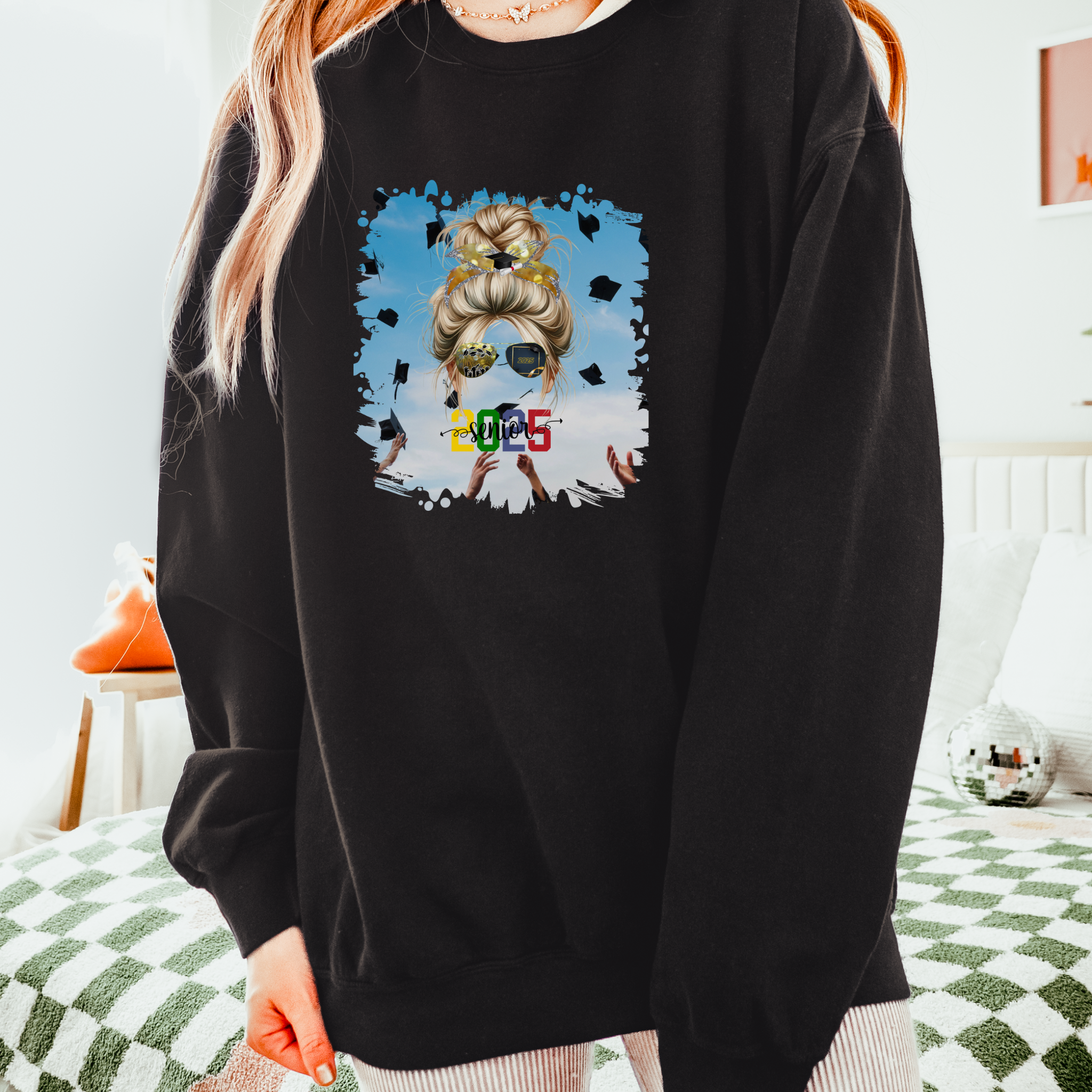 Senior 2025 Colorful, Celebration, Blond Hair Messy Bun, Unisex Lightweight Crewneck Sweatshirt