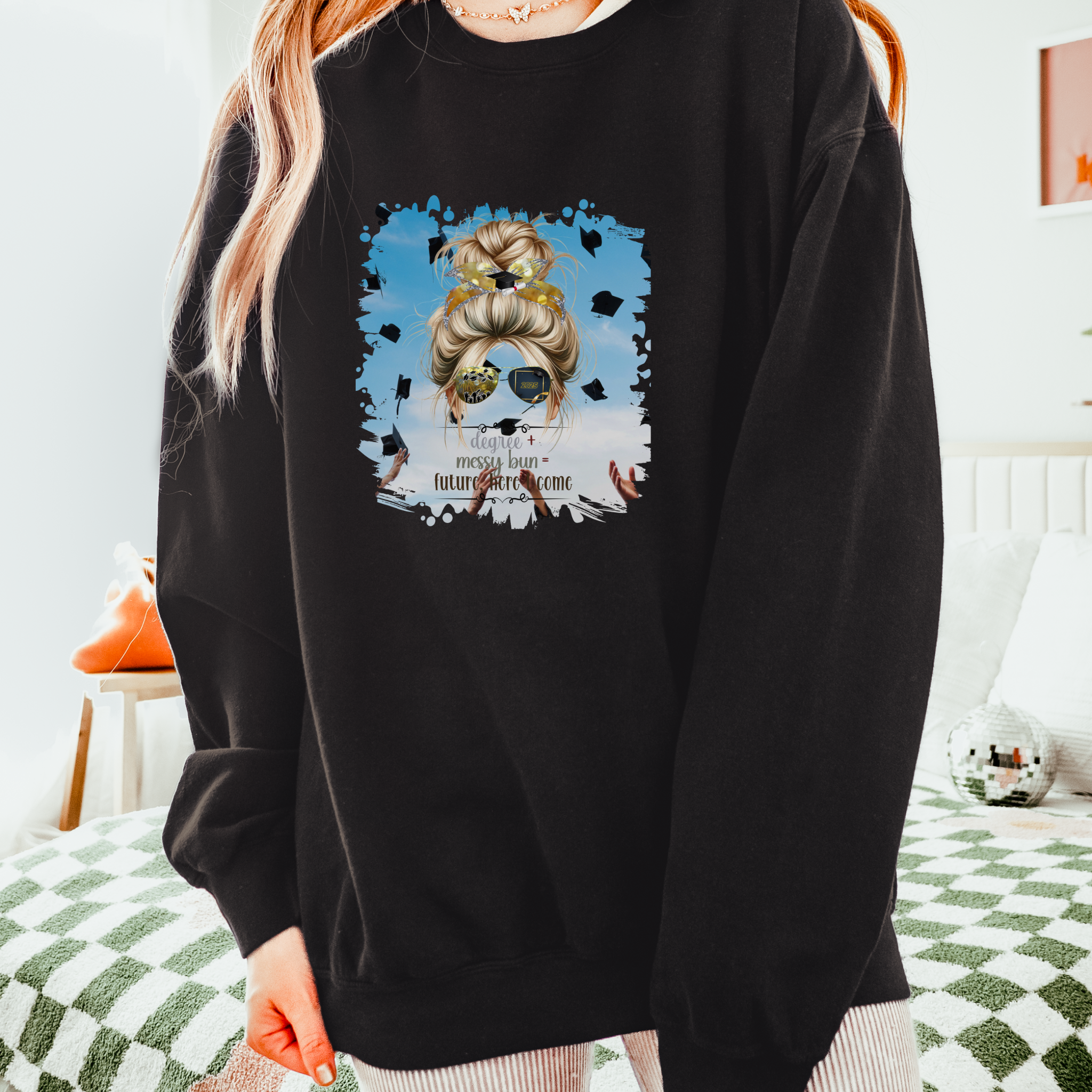 Degree + Messy Bun, Celebration, Blond Hair Messy Bun, Unisex Lightweight Crewneck Sweatshirt