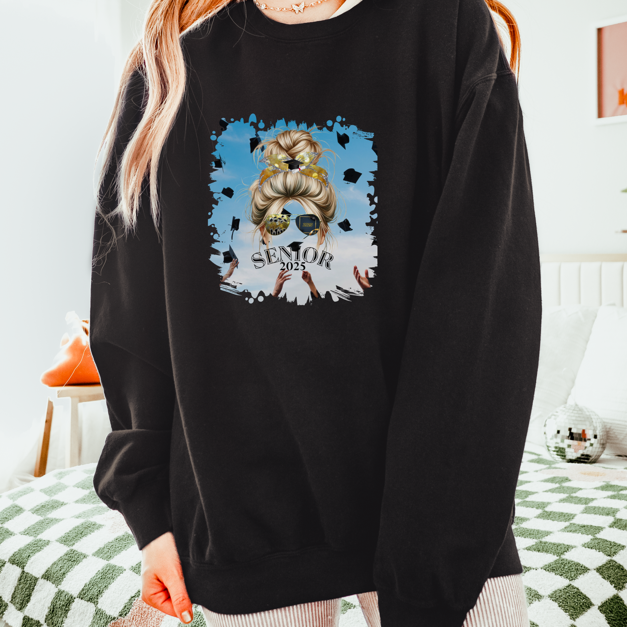 Senior 2025, Celebration, Blond Hair Messy Bun, Unisex Lightweight Crewneck Sweatshirt