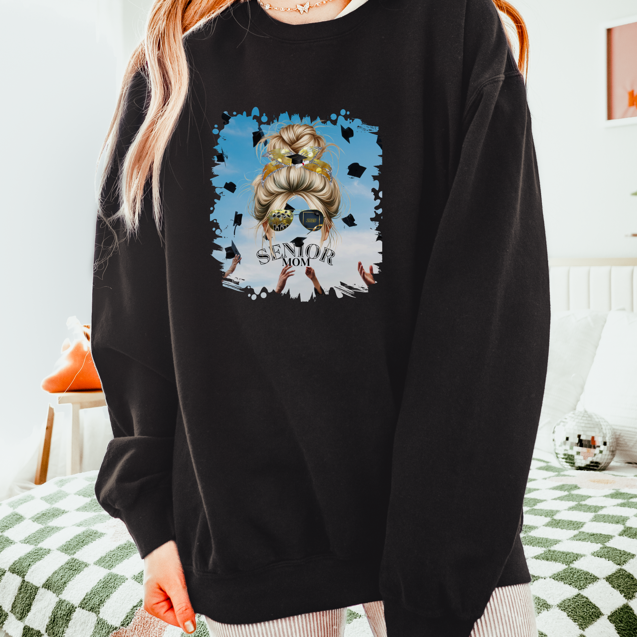 Senior Mom, Celebration, Blond Hair Messy Bun, Unisex Lightweight Crewneck Sweatshirt