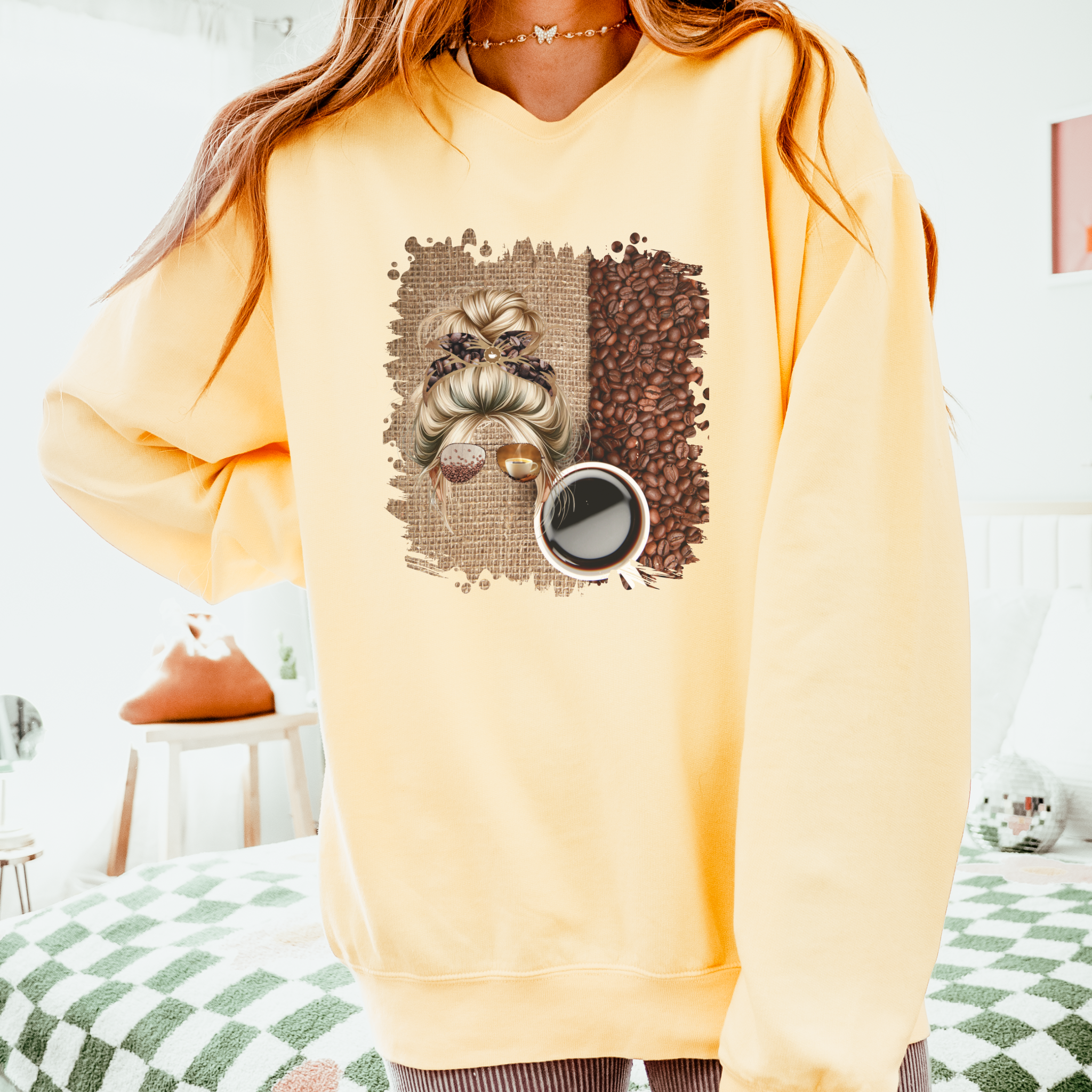 Coffee Beans Bag, Blond Hair Messy Bun, Unisex Lightweight Crewneck Sweatshirt