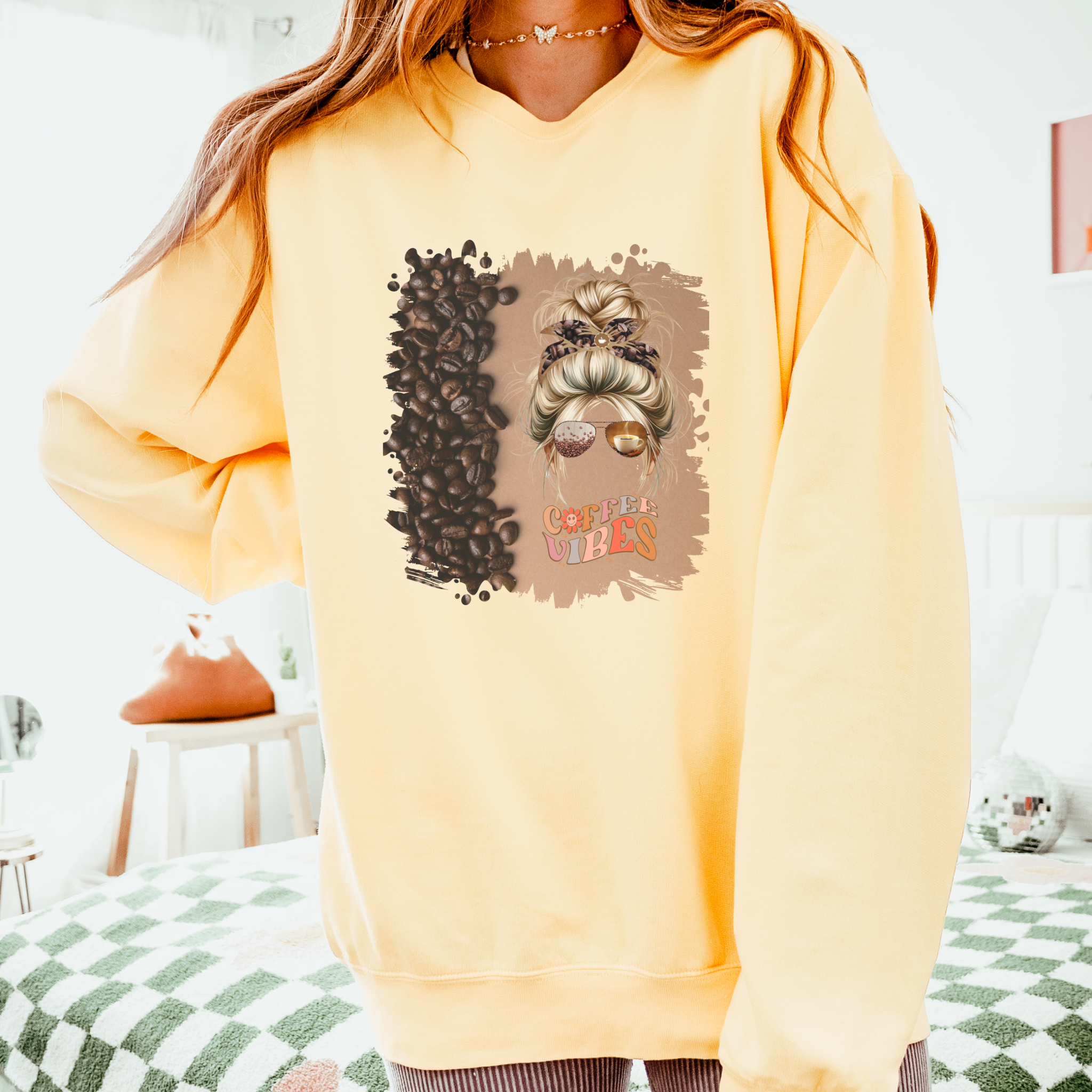 Coffee Vibes, Coffee Beans Shade, Blond Hair Messy Bun, Unisex Lightweight Crewneck Sweatshirt