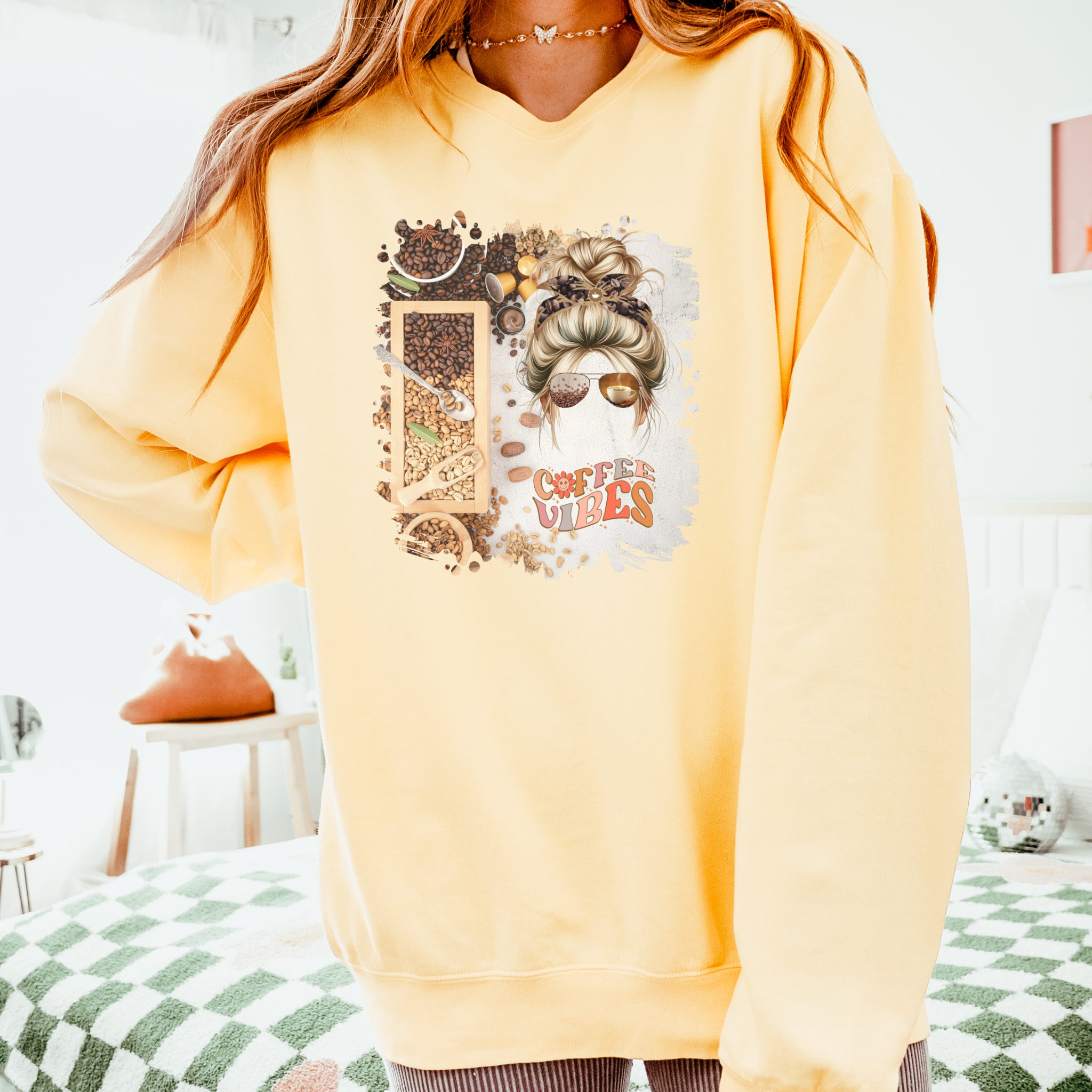 Coffee Vibes, Coffee Beans Variety, Blond Hair Messy Bun, Unisex Lightweight Crewneck Sweatshirt