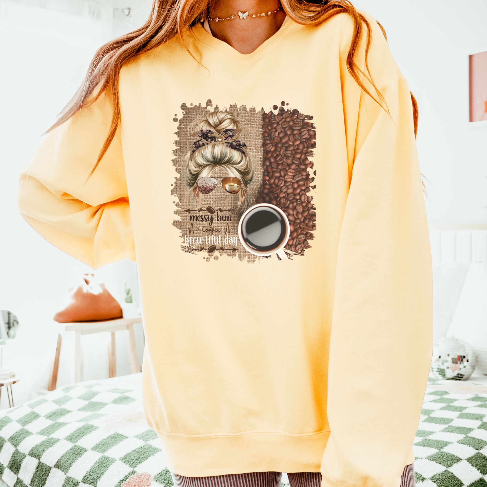 Coffee Heartbeat, Coffee Beans Bag, Blond Hair Messy Bun, Unisex Lightweight Crewneck Sweatshirt