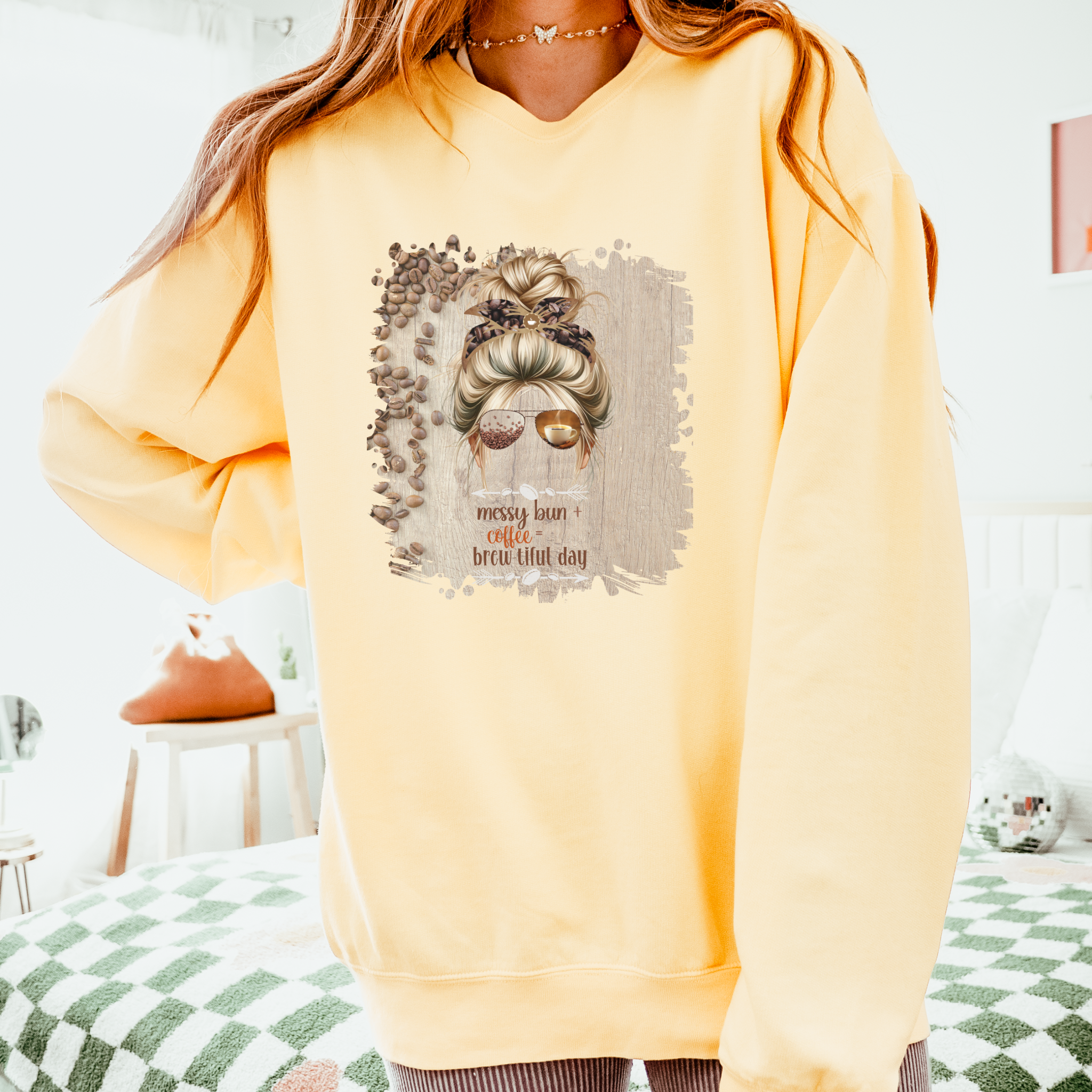 Messy Bun plus Coffee, Coffee Beans Table, Blond Hair Messy Bun, Unisex Lightweight Crewneck Sweatshirt