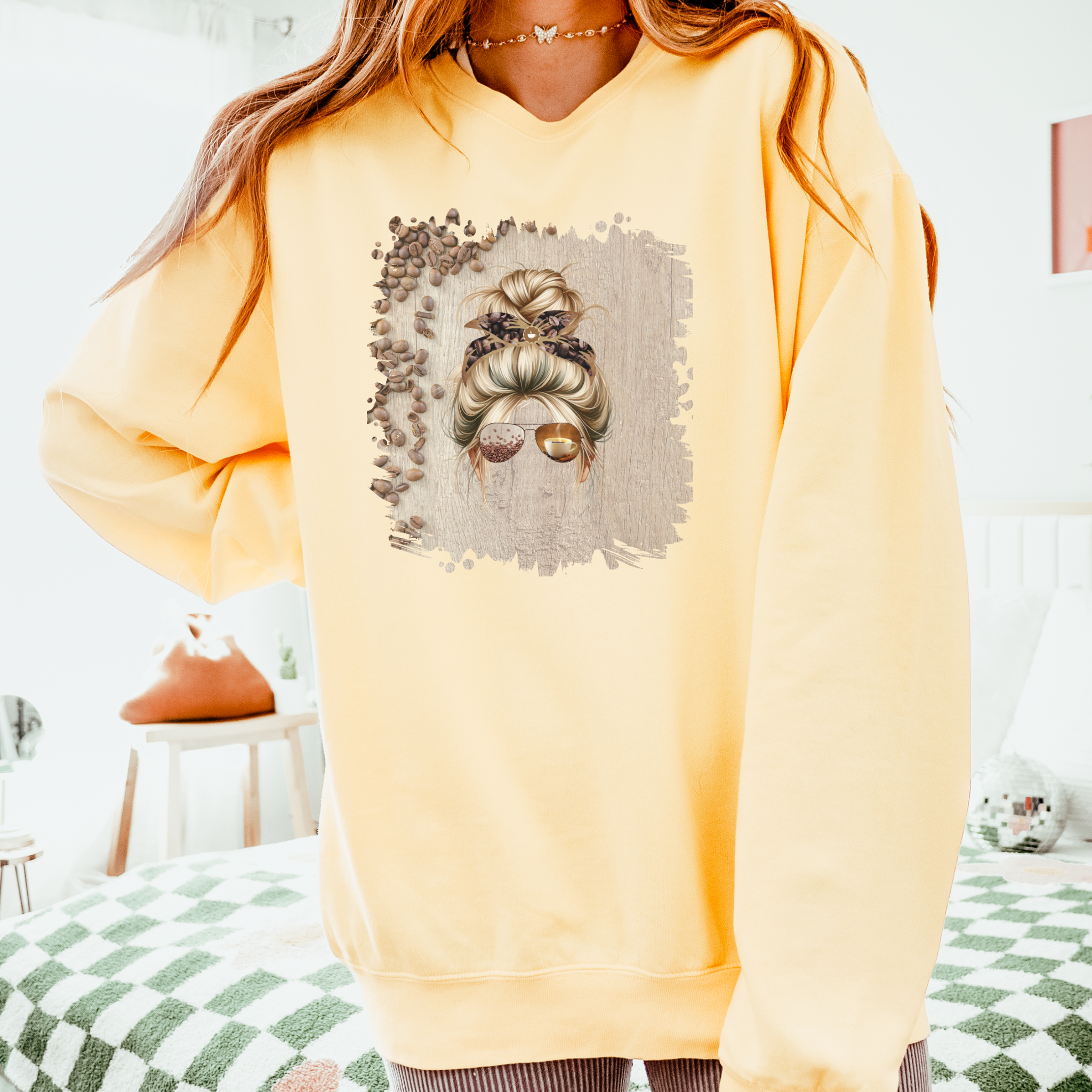 Coffee Beans Table, Blond Hair Messy Bun, Unisex Lightweight Crewneck Sweatshirt