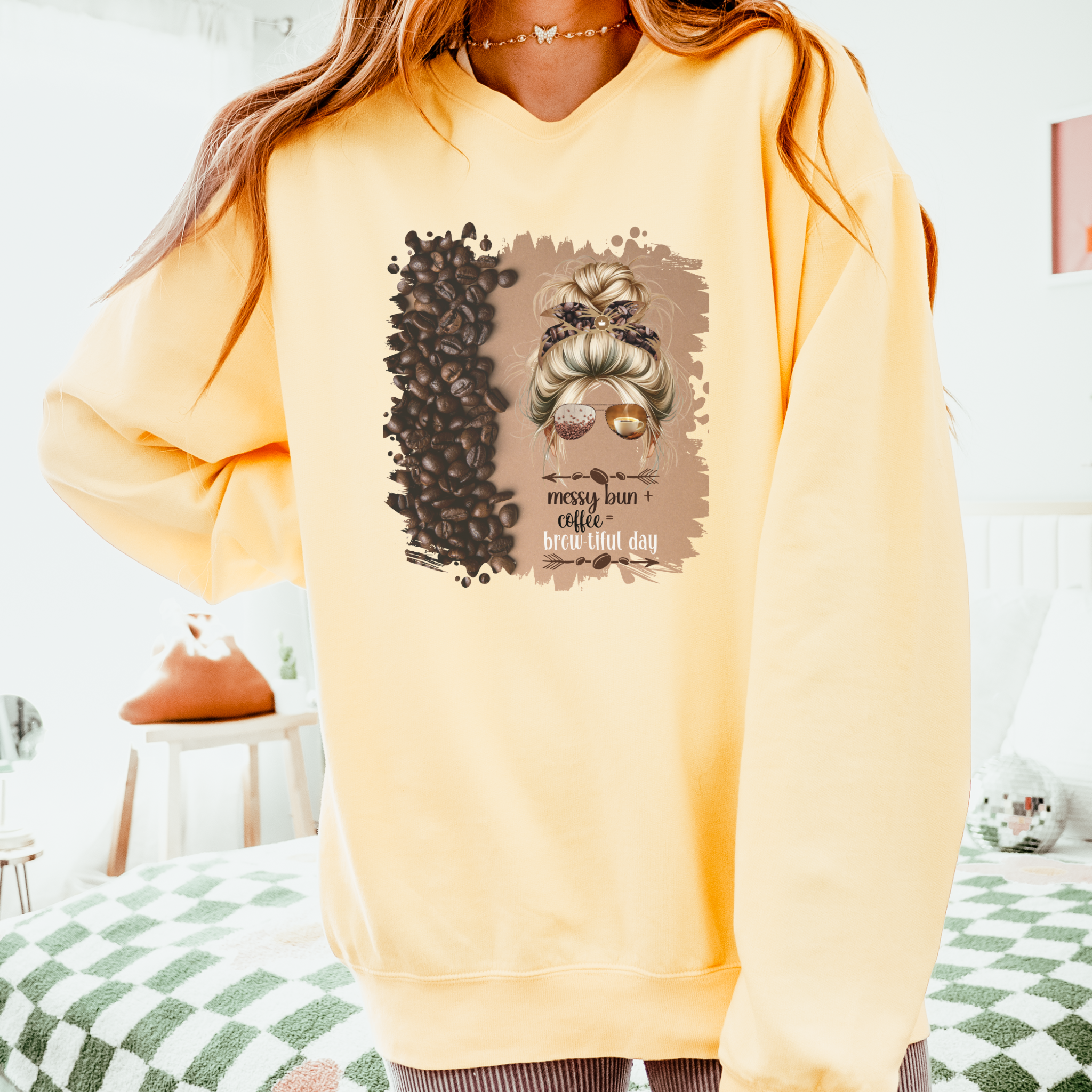 Messy Bun plus Coffee, Coffee Beans Shade, Blond Hair Messy Bun, Unisex Lightweight Crewneck Sweatshirt