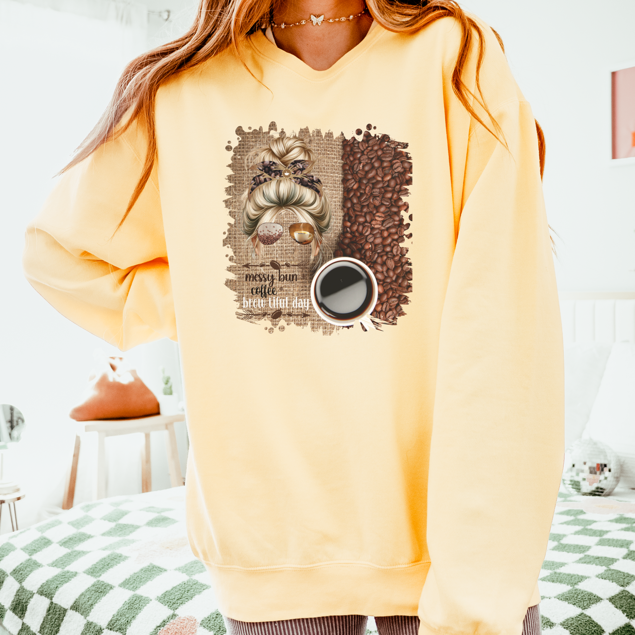 Messy Bun plus Coffee, Coffee Beans Bag, Blond Hair Messy Bun, Unisex Lightweight Crewneck Sweatshirt