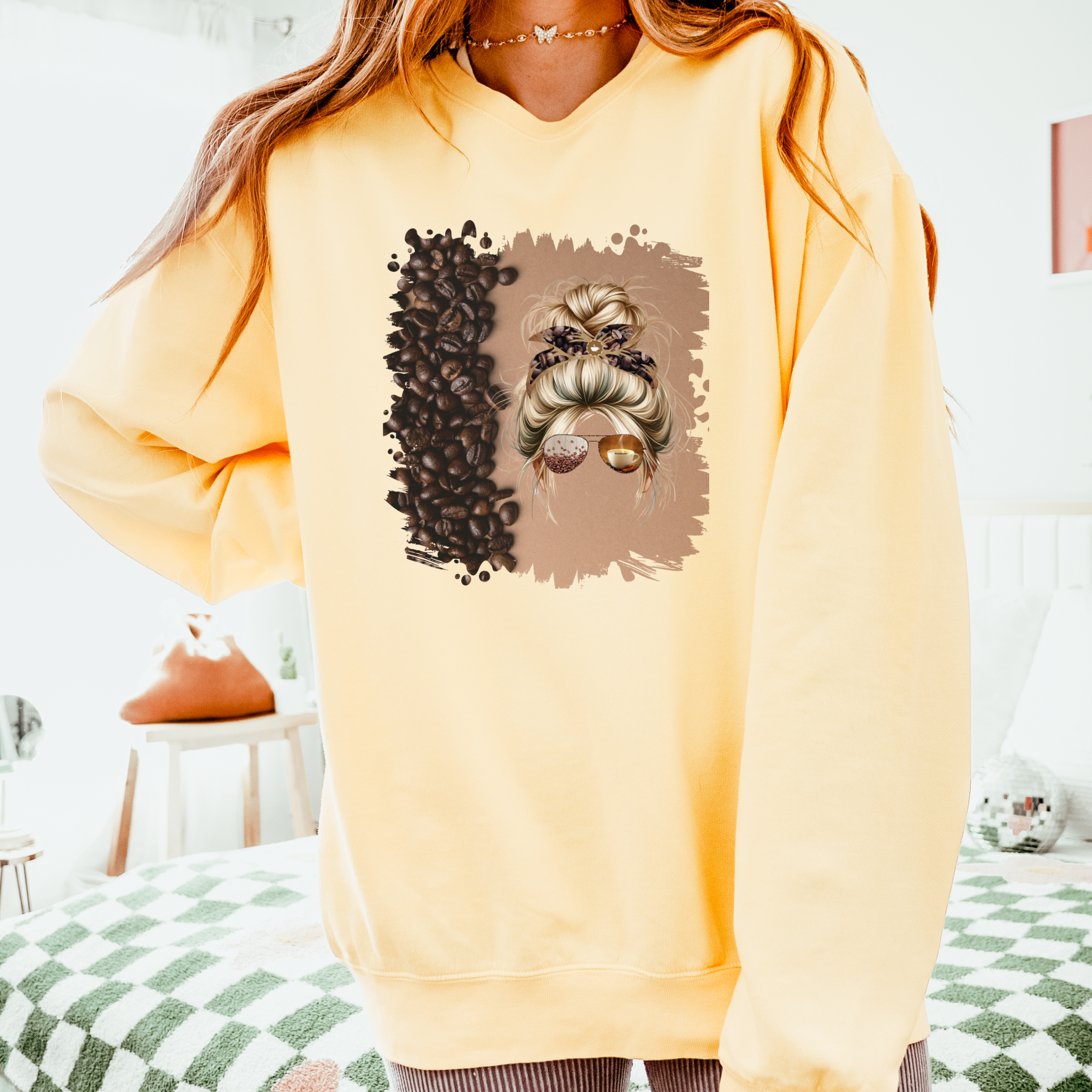 Coffee Beans Shade, Blond Hair Messy Bun, Unisex Lightweight Crewneck Sweatshirt