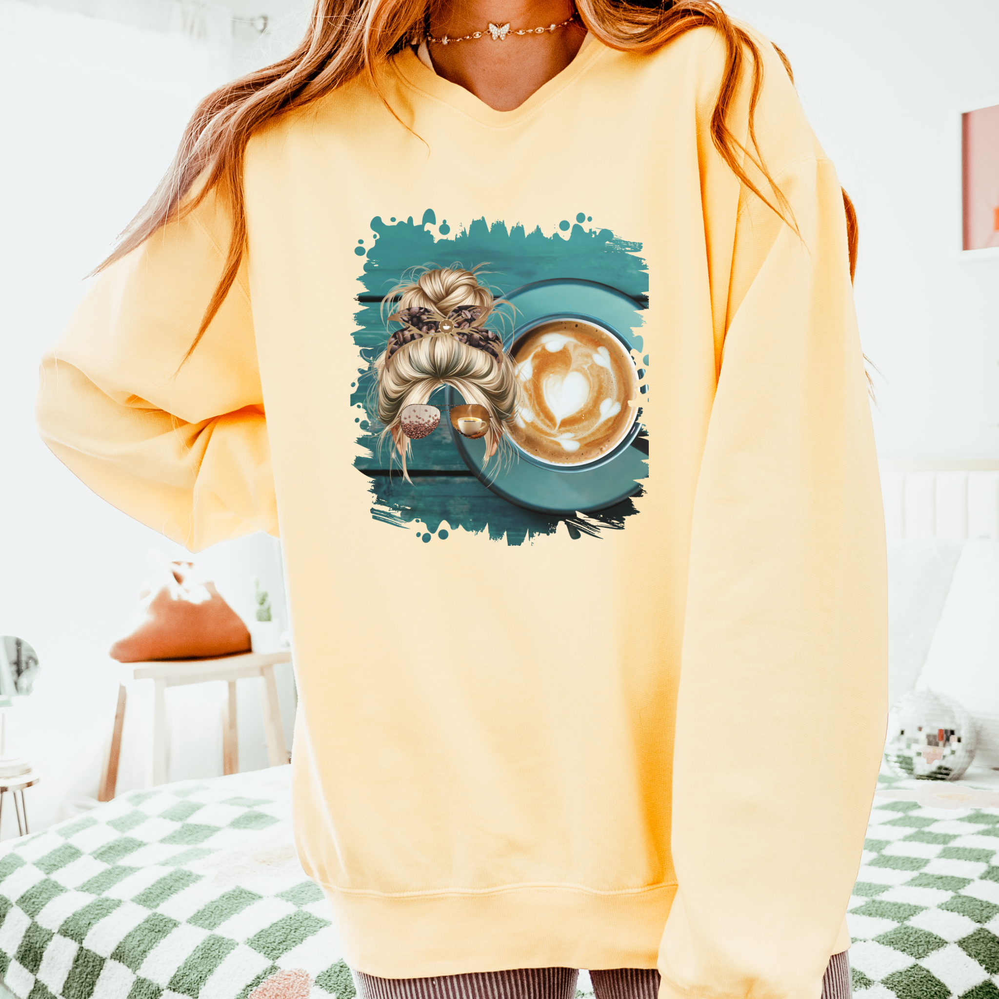 Coffee Cup, Blond Hair Messy Bun, Unisex Lightweight Crewneck Sweatshirt