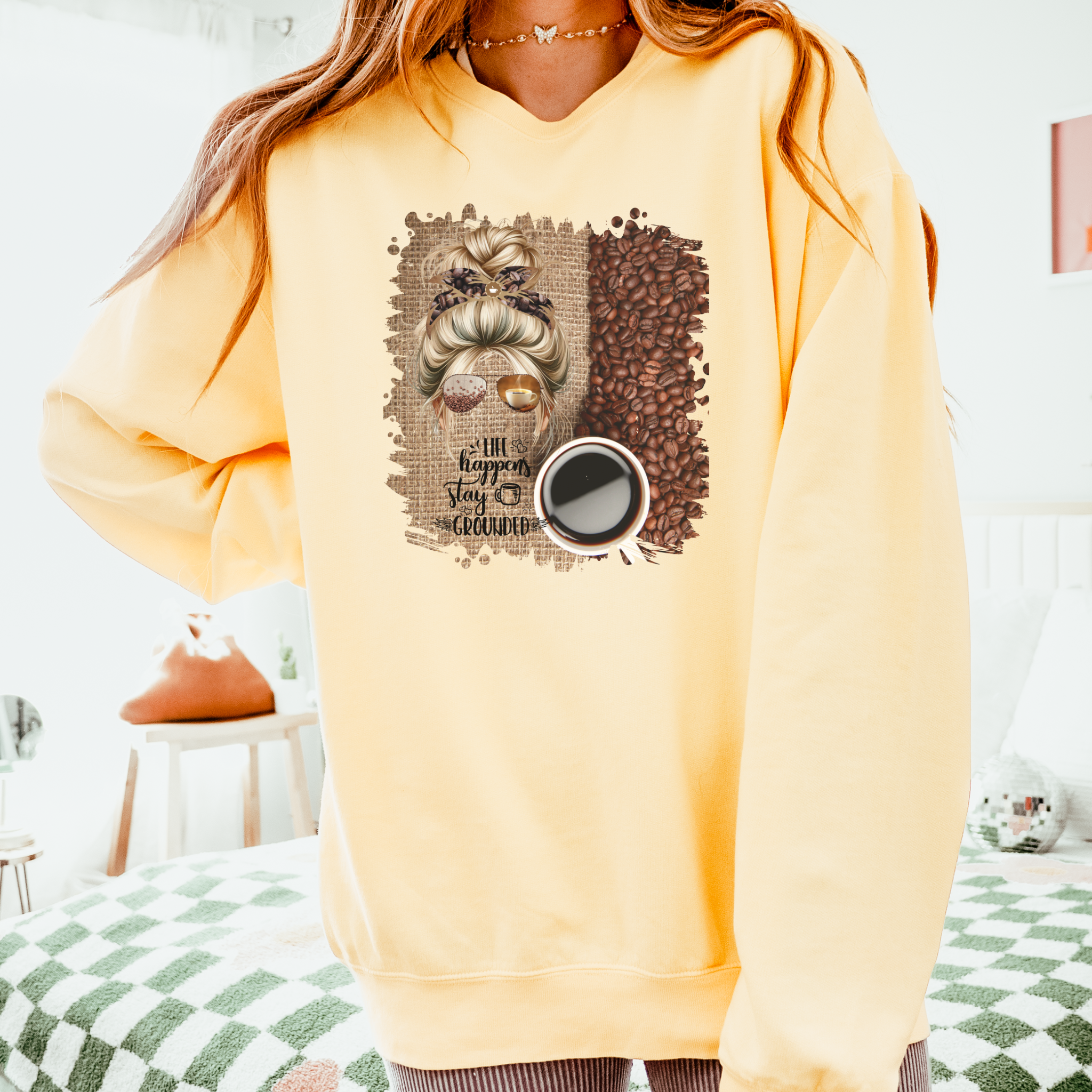 Stay Grounded, Coffee Beans Bag, Blond Hair Messy Bun, Unisex Lightweight Crewneck Sweatshirt