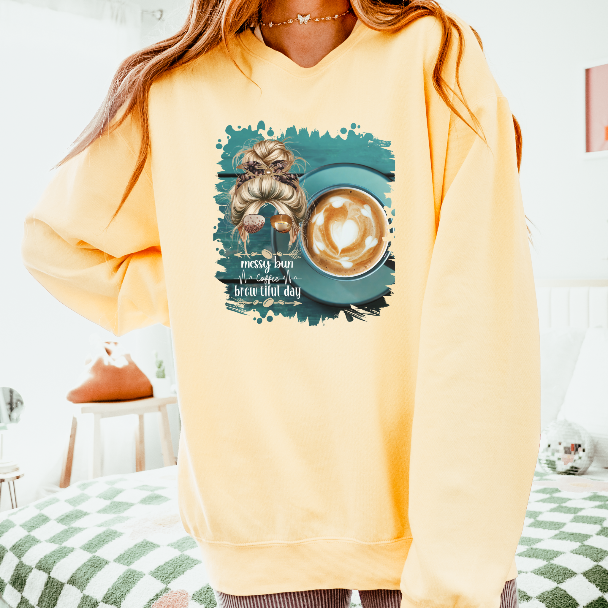 Coffee Heartbeat, Coffee Cup, Blond Hair Messy Bun, Unisex Lightweight Crewneck Sweatshirt