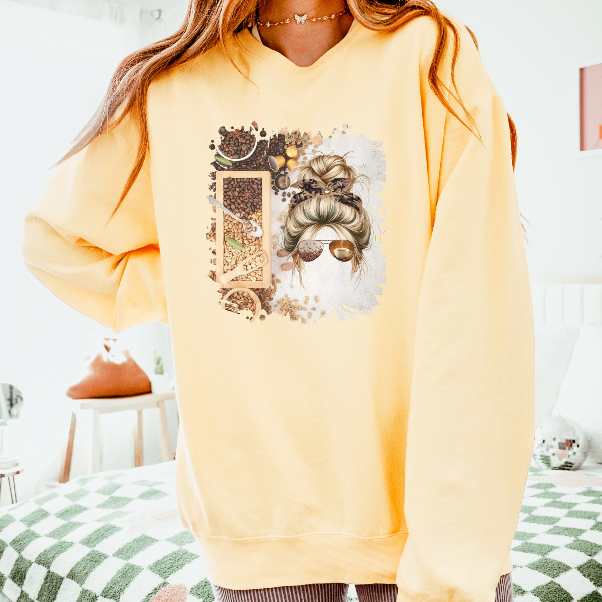 Coffee Beans Variety, Blond Hair Messy Bun, Unisex Lightweight Crewneck Sweatshirt