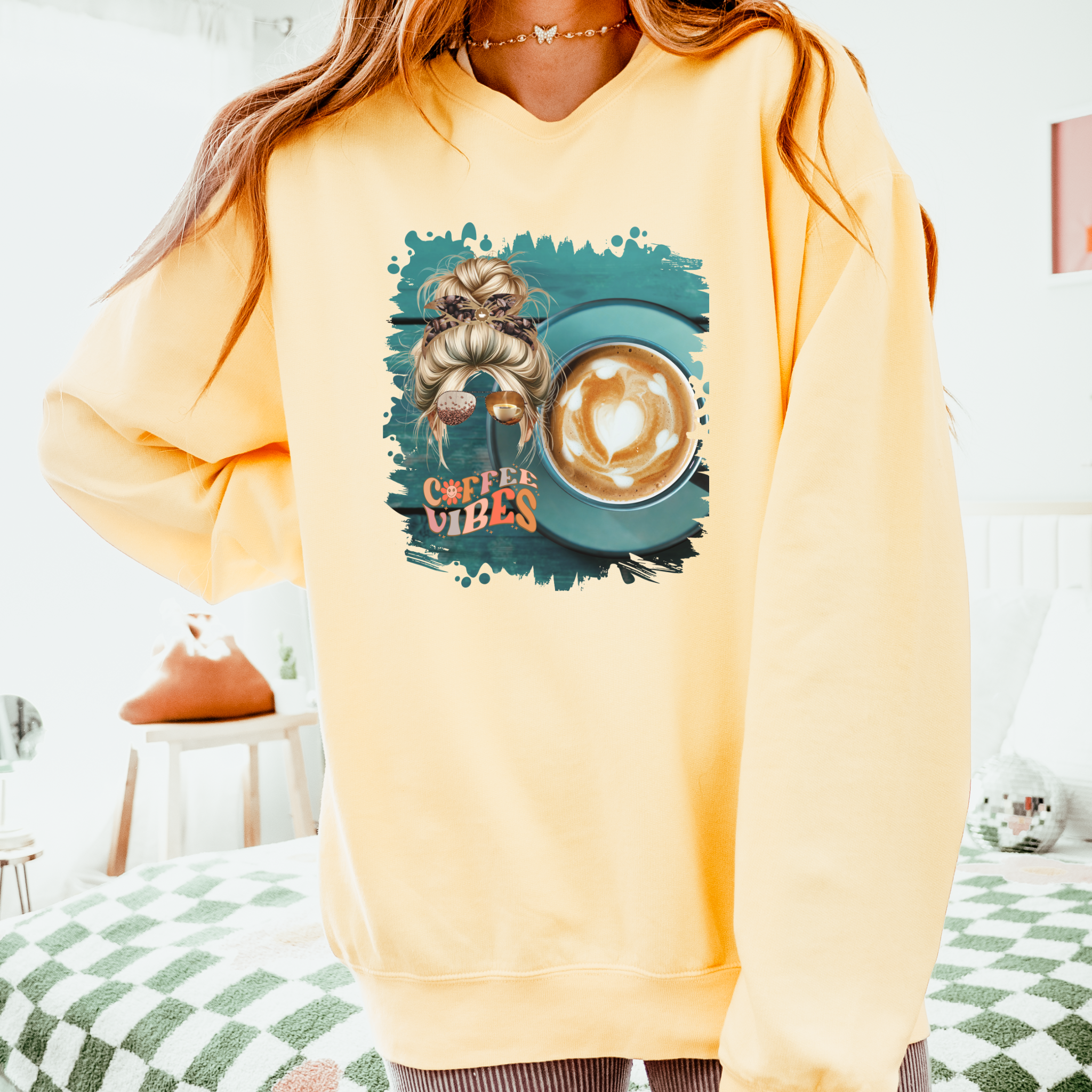 Coffee Vibes, Coffee Cup, Blond Hair Messy Bun, Unisex Lightweight Crewneck Sweatshirt