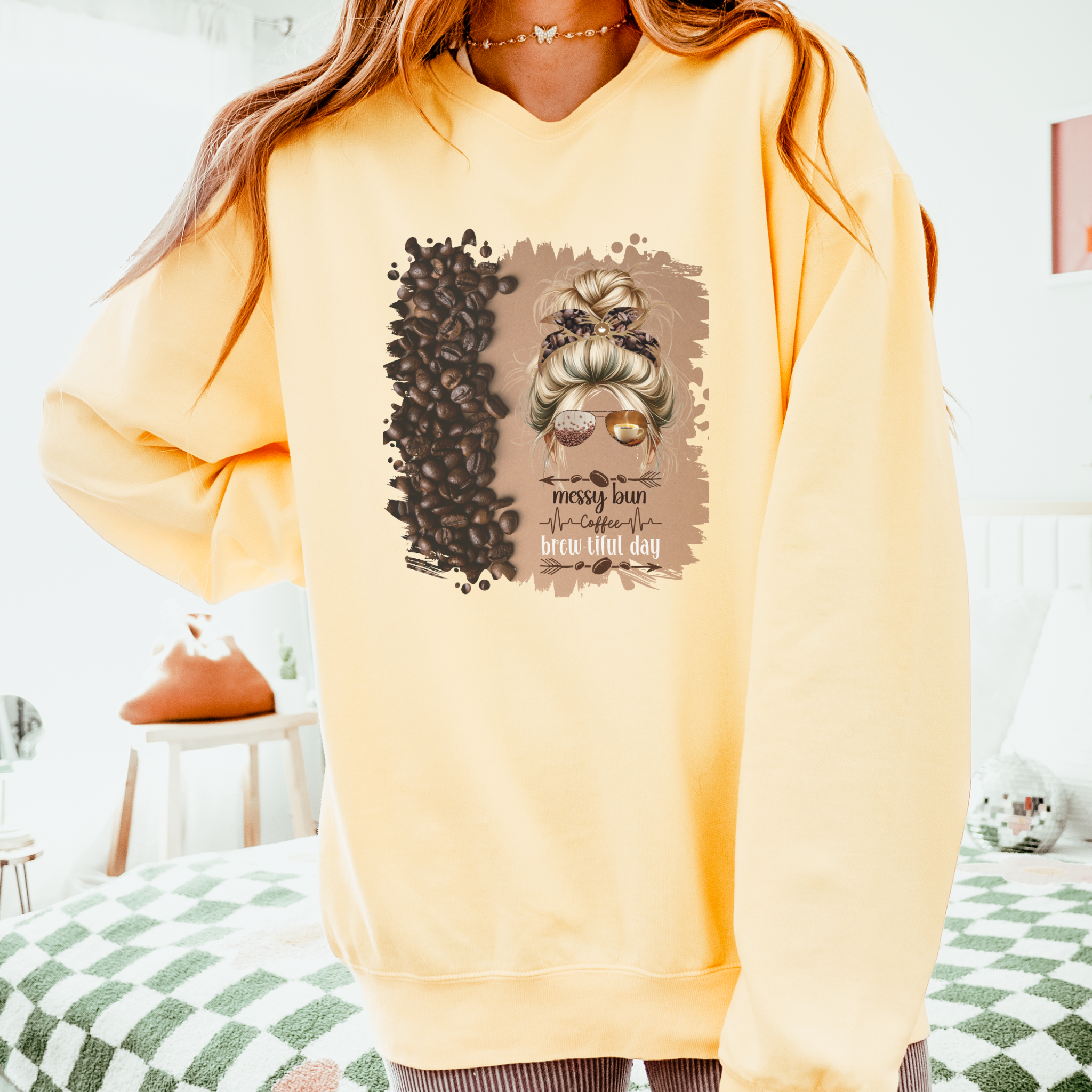 Messy Bun Coffee Heartbeat, Coffee Beans Shade, Blond Hair Messy Bun, Unisex Lightweight Crewneck Sweatshirt