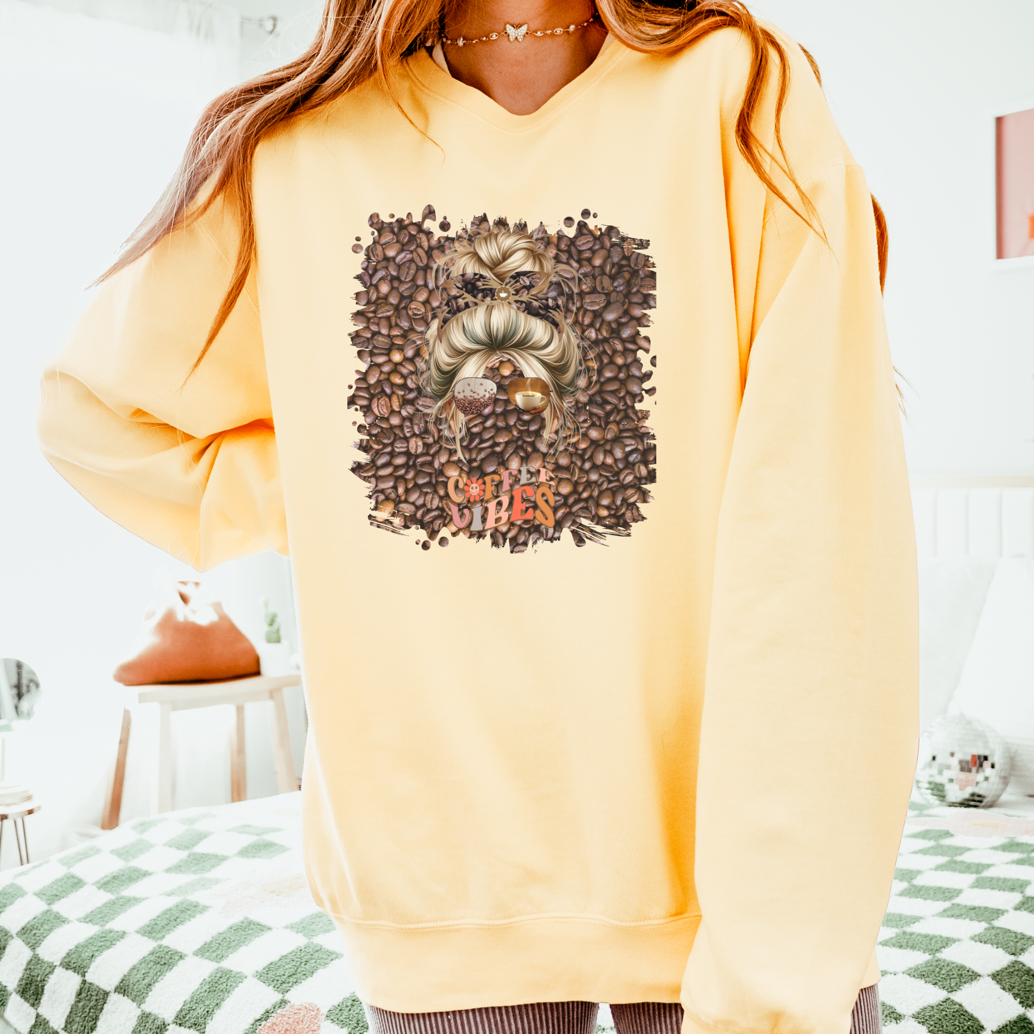 Coffee Vibes, Coffee Beans, Blond Hair Messy Bun, Unisex Lightweight Crewneck Sweatshirt