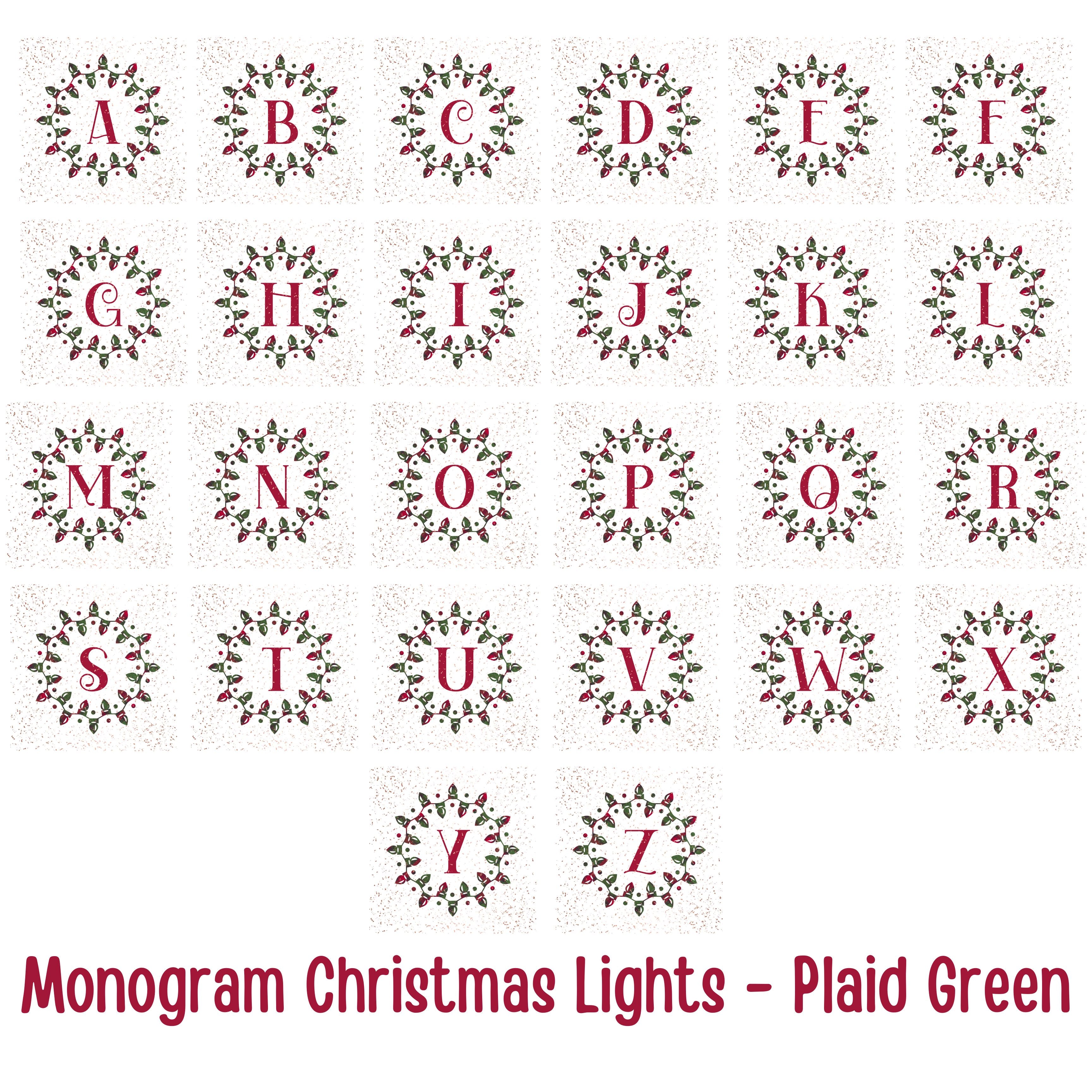 Monogram Christmas Lights, Personalized Monogram, Plaid Green, Throw Pillow Case