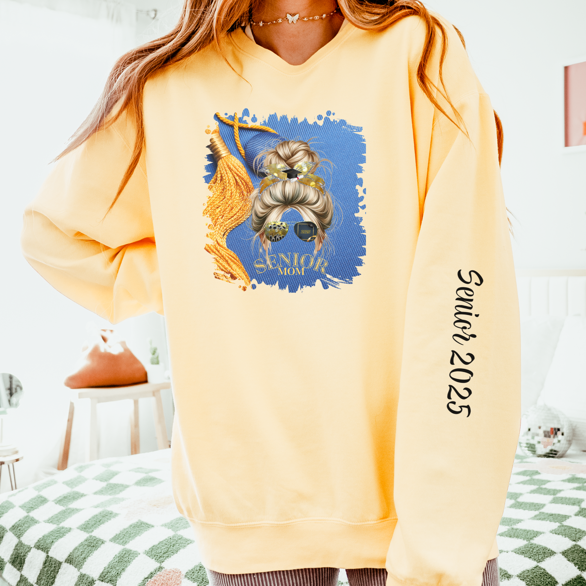 Senior Mom, Graduation Cap, Blond Hair Messy Bun, Unisex Lightweight Crewneck Sweatshirt