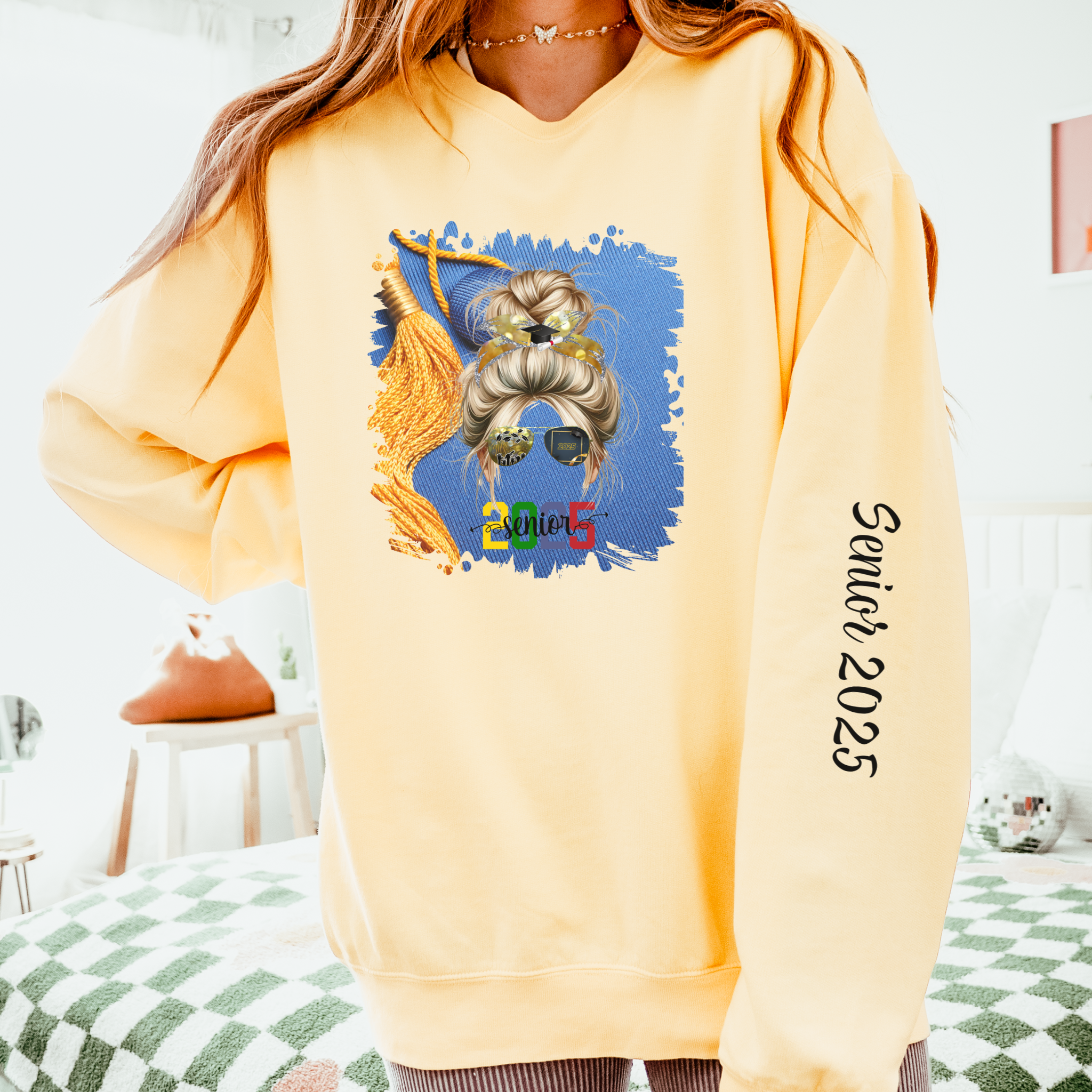 Senior 2025 Colorful, Graduation Cap, Blond Hair Messy Bun, Unisex Lightweight Crewneck Sweatshirt