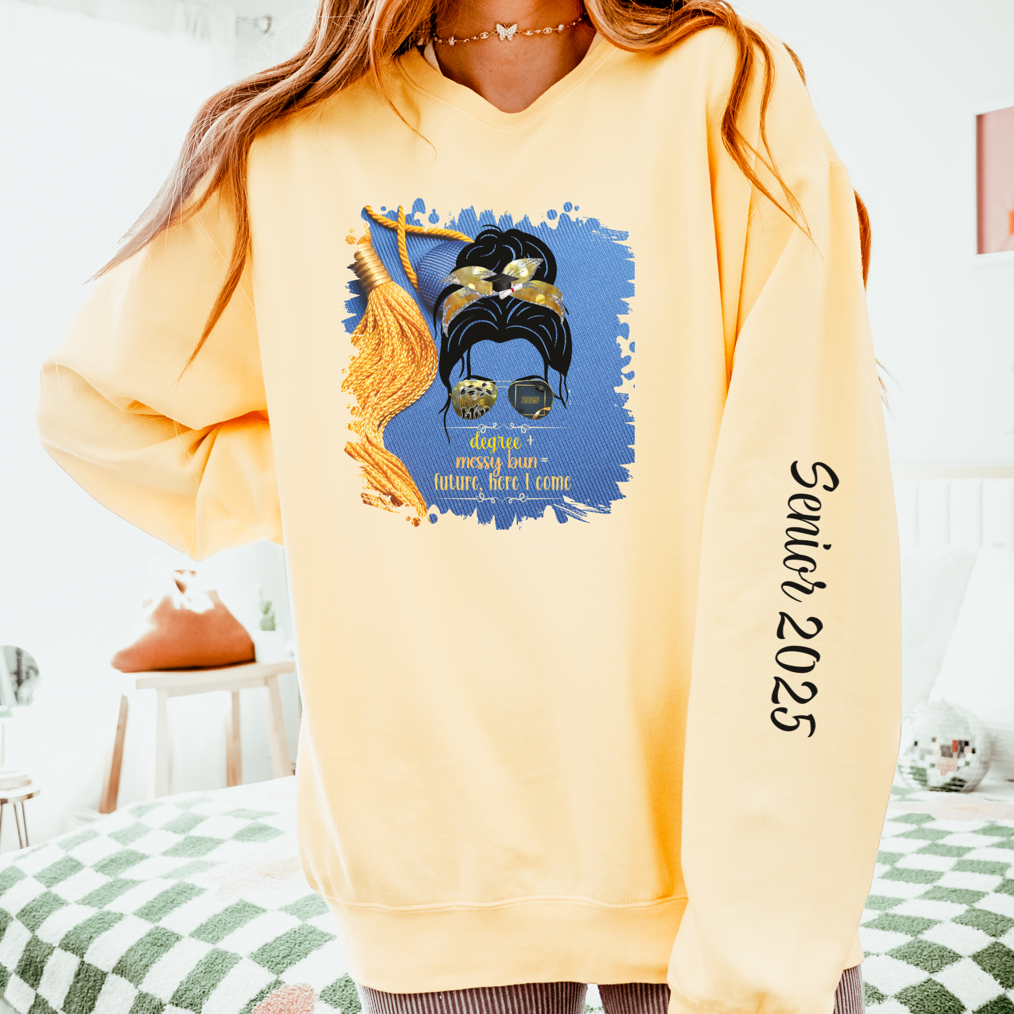 Degree + Messy Bun, Graduation Cap, Dark Hair Messy Bun, Unisex Lightweight Crewneck Sweatshirt