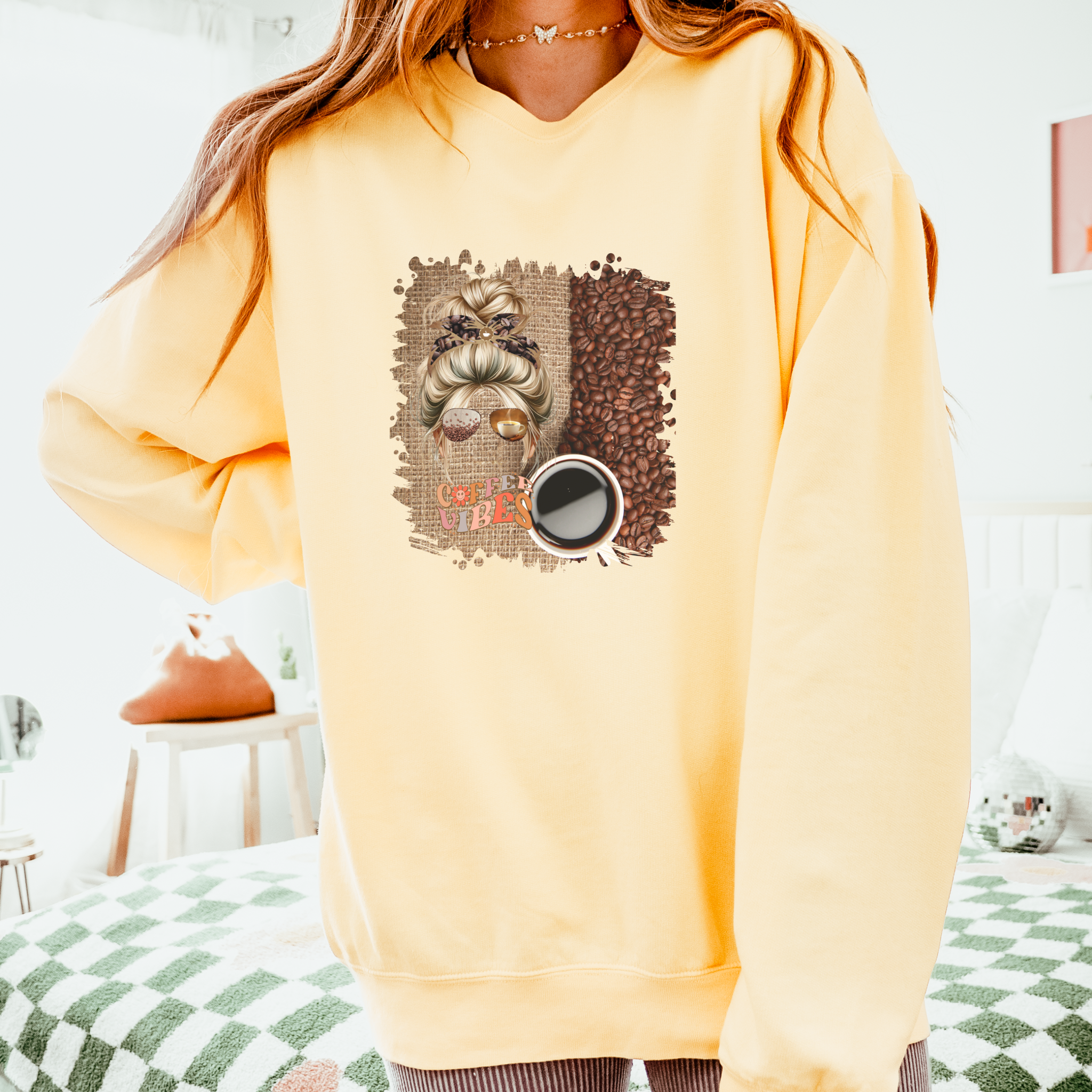 Coffee Vibes, Coffee Beans Bag, Blond Hair Messy Bun, Unisex Lightweight Crewneck Sweatshirt