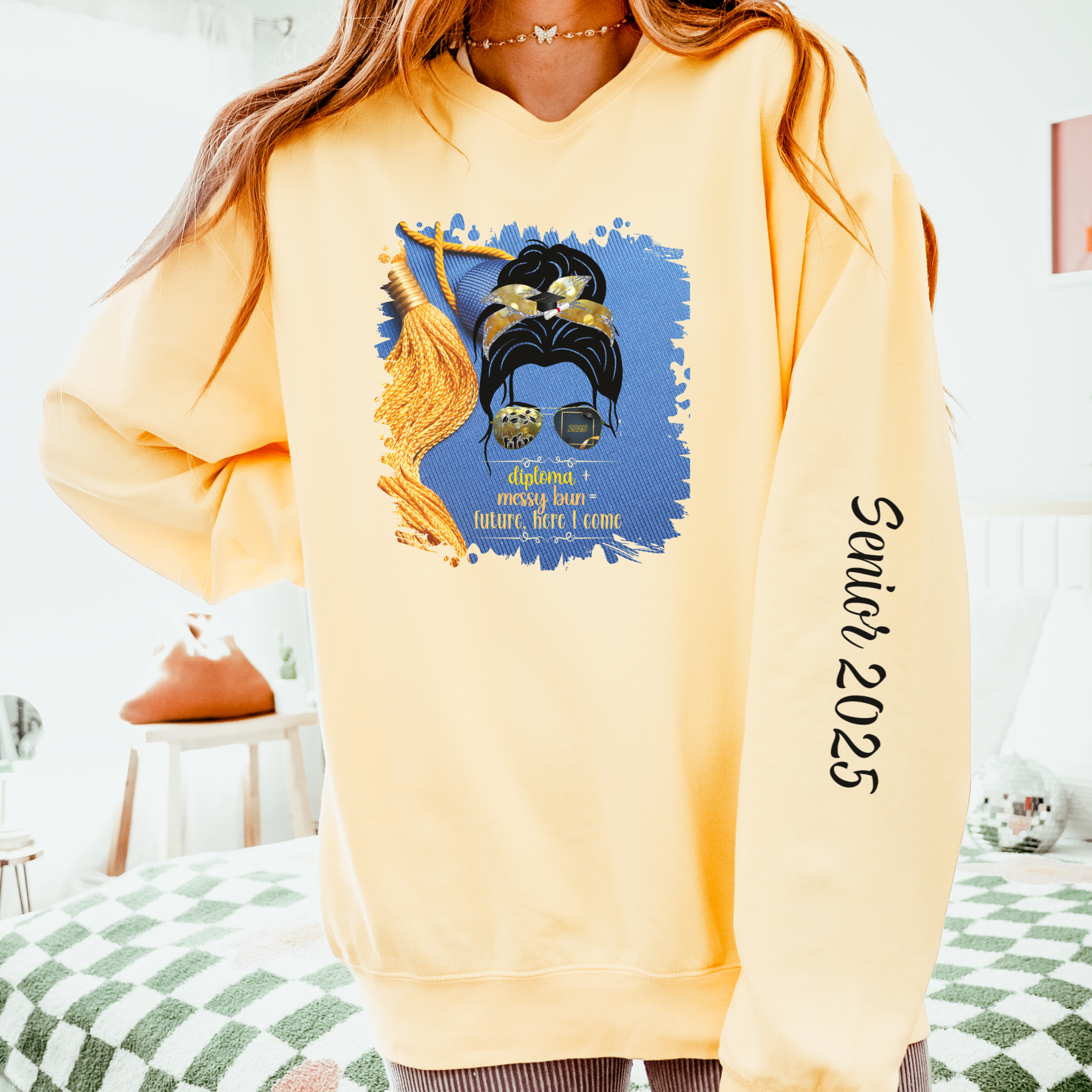 Diploma + Messy Bun, Graduation Cap, Dark Hair Messy Bun, Unisex Lightweight Crewneck Sweatshirt