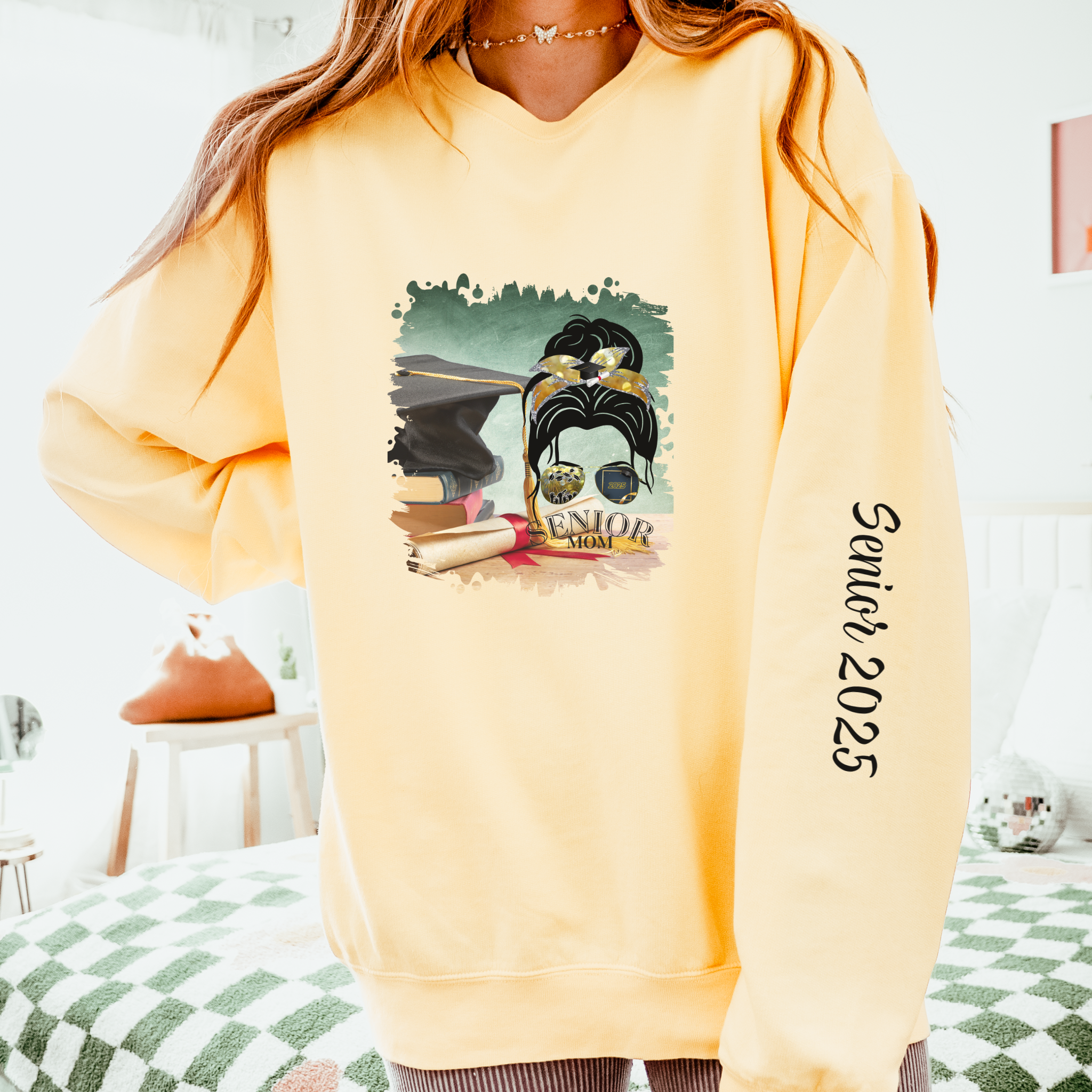 Senior Mom, Cap & Degree/Diploma, Dark Hair Messy Bun, Unisex Lightweight Crewneck Sweatshirt