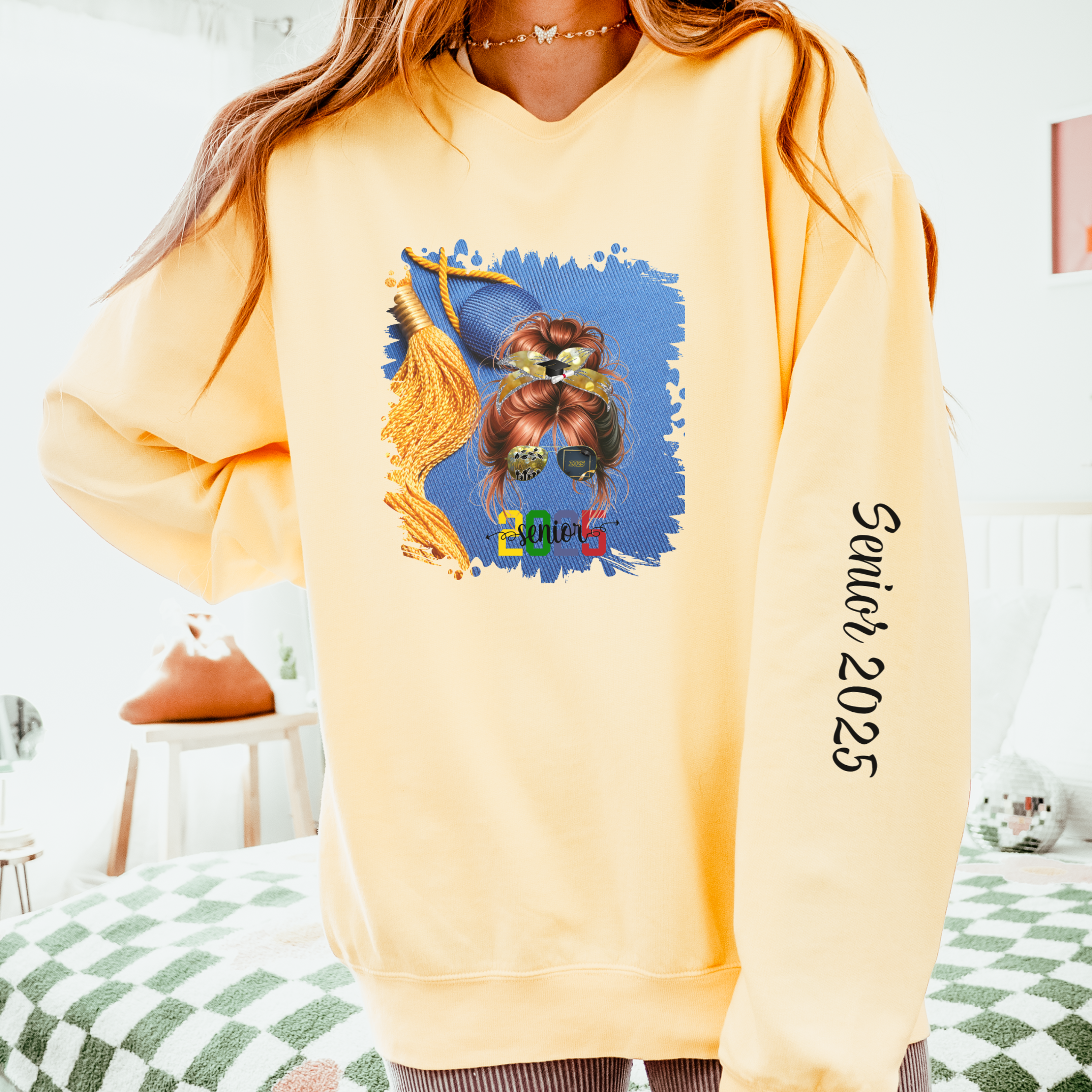 Senior 2025 Colorful, Graduation Cap, Red Hair Messy Bun, Unisex Lightweight Crewneck Sweatshirt