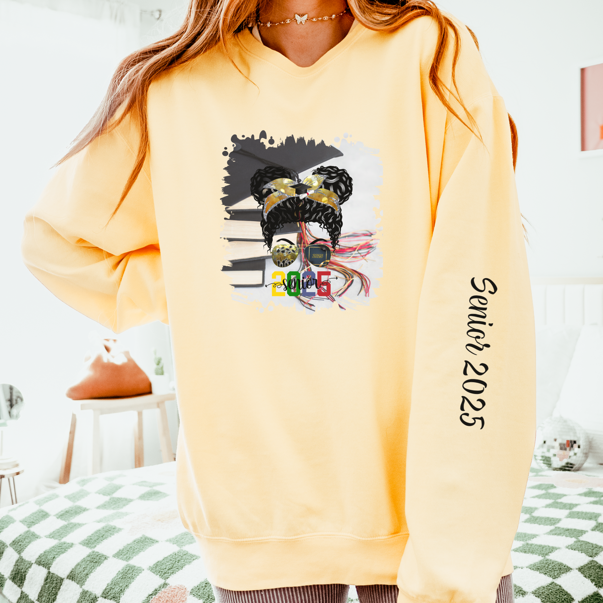 Senior 2025 Colorful, Cap & Books, Black Hair Messy Bun, Unisex Lightweight Crewneck Sweatshirt
